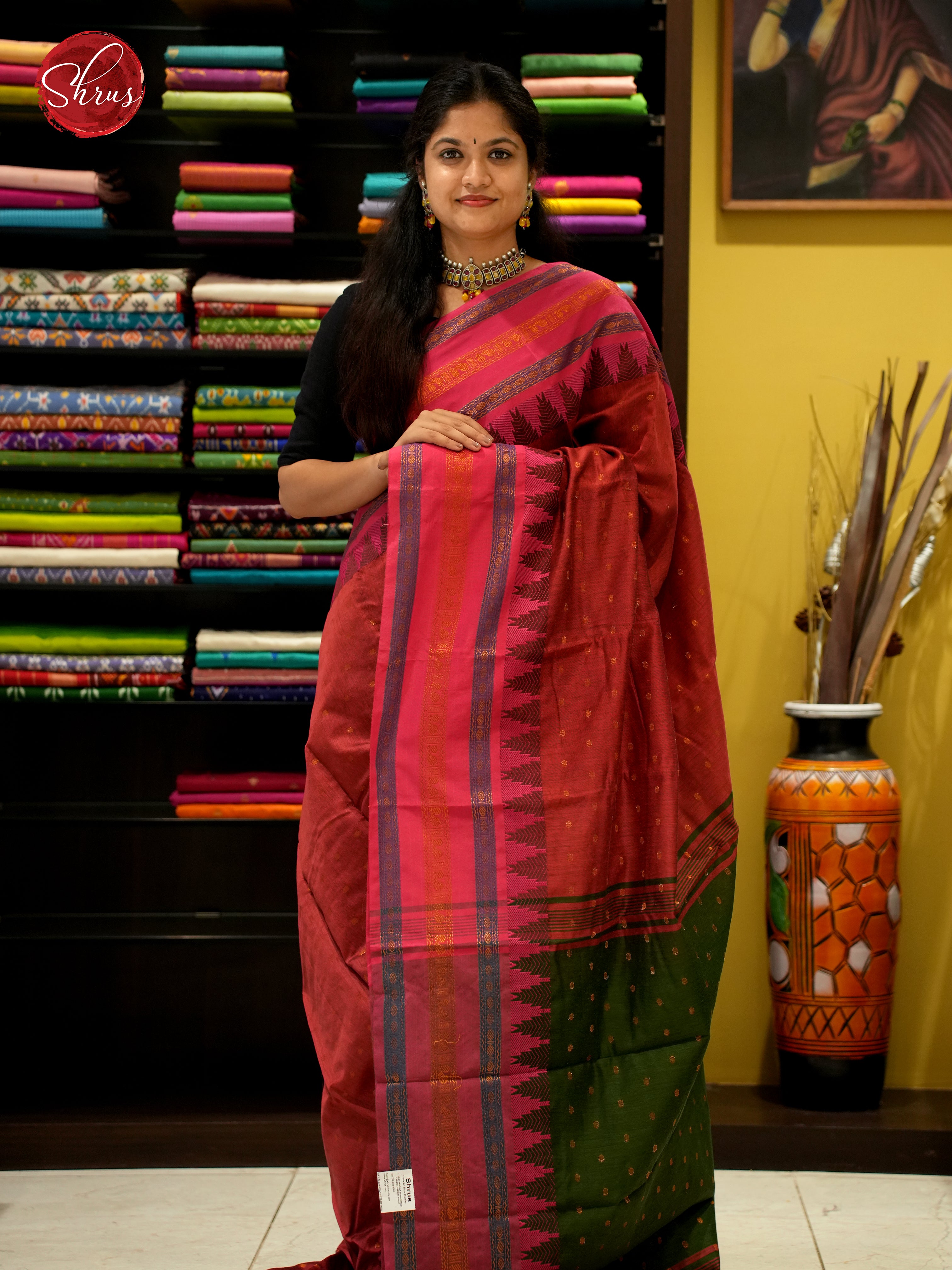 Red & Green - Mercerized Cotton Saree - Shop on ShrusEternity.com