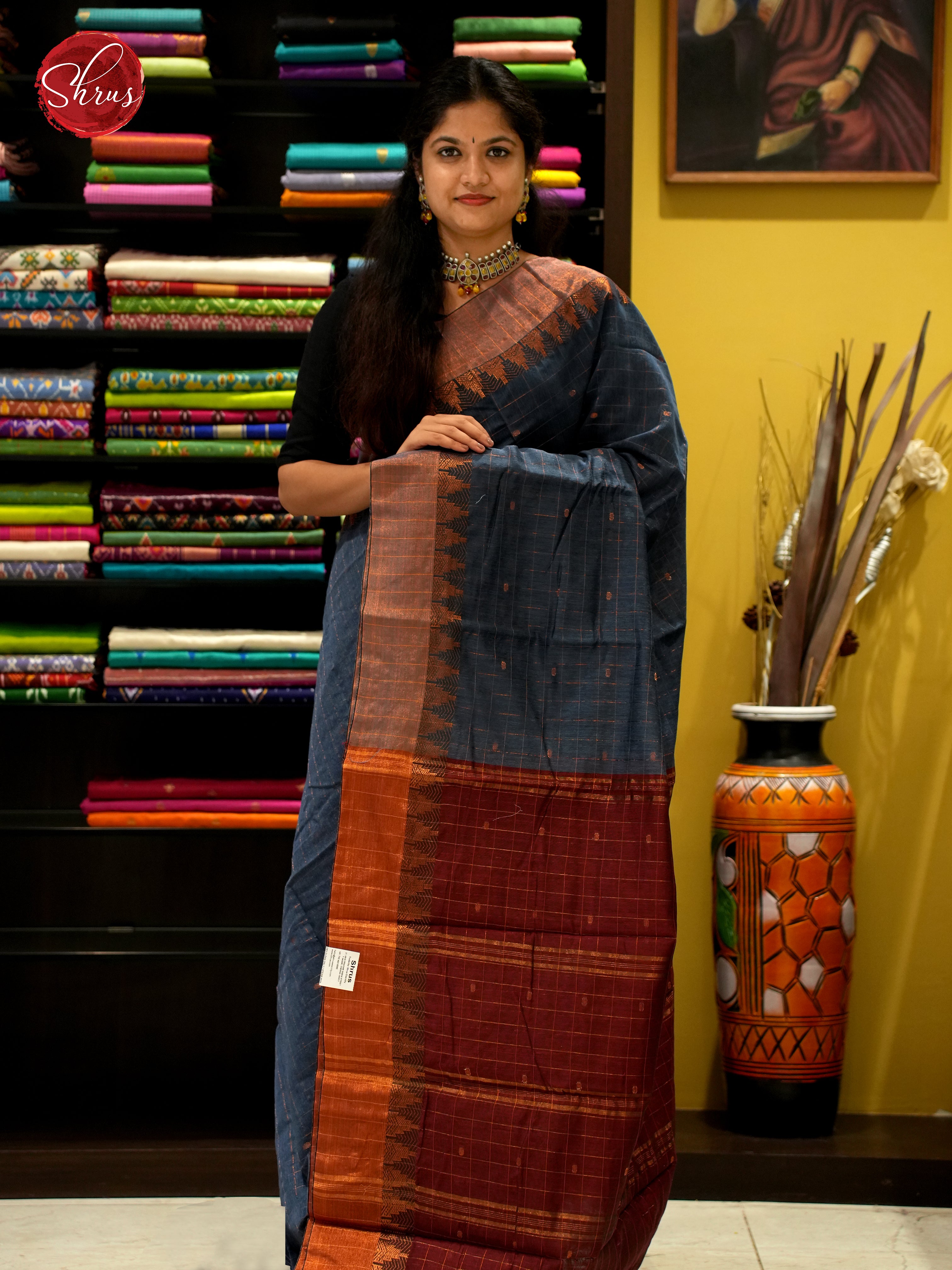 Elephant Grey & Maroon - Mercerized Cotton Saree - Shop on ShrusEternity.com