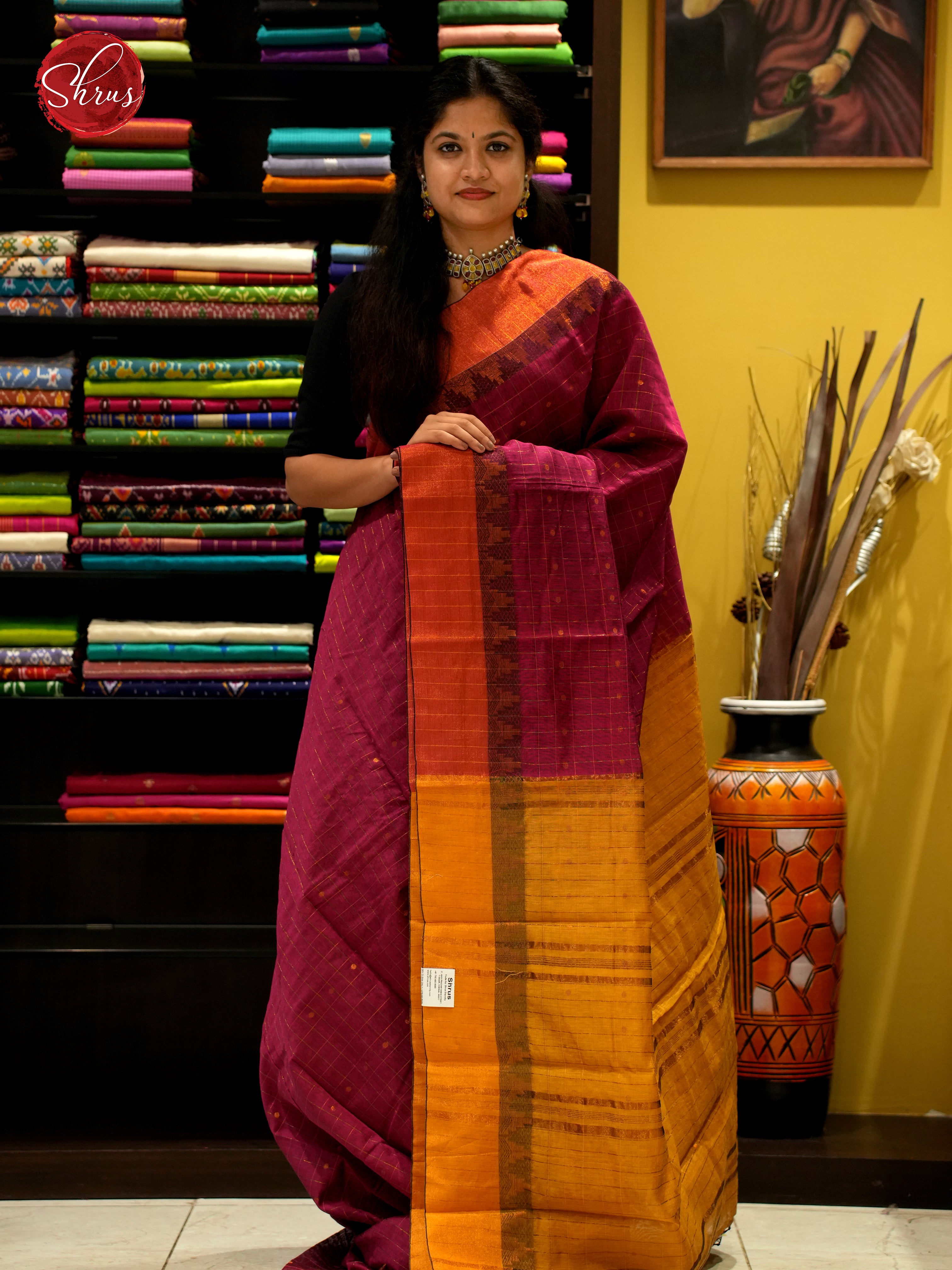 Maroon & Mustard - Mercerized Cotton Saree - Shop on ShrusEternity.com