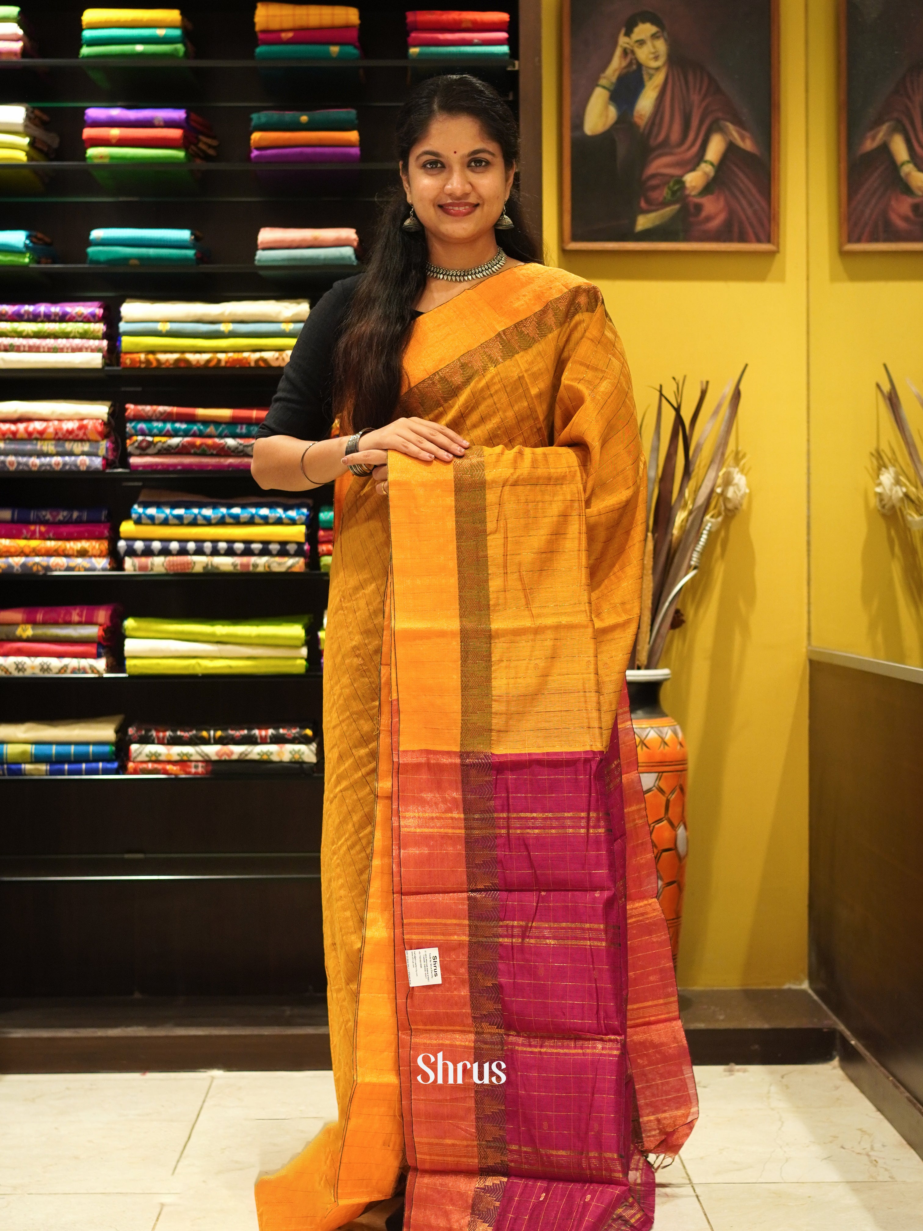 Mustard &  Majenta - Mercerized Cotton Saree - Shop on ShrusEternity.com