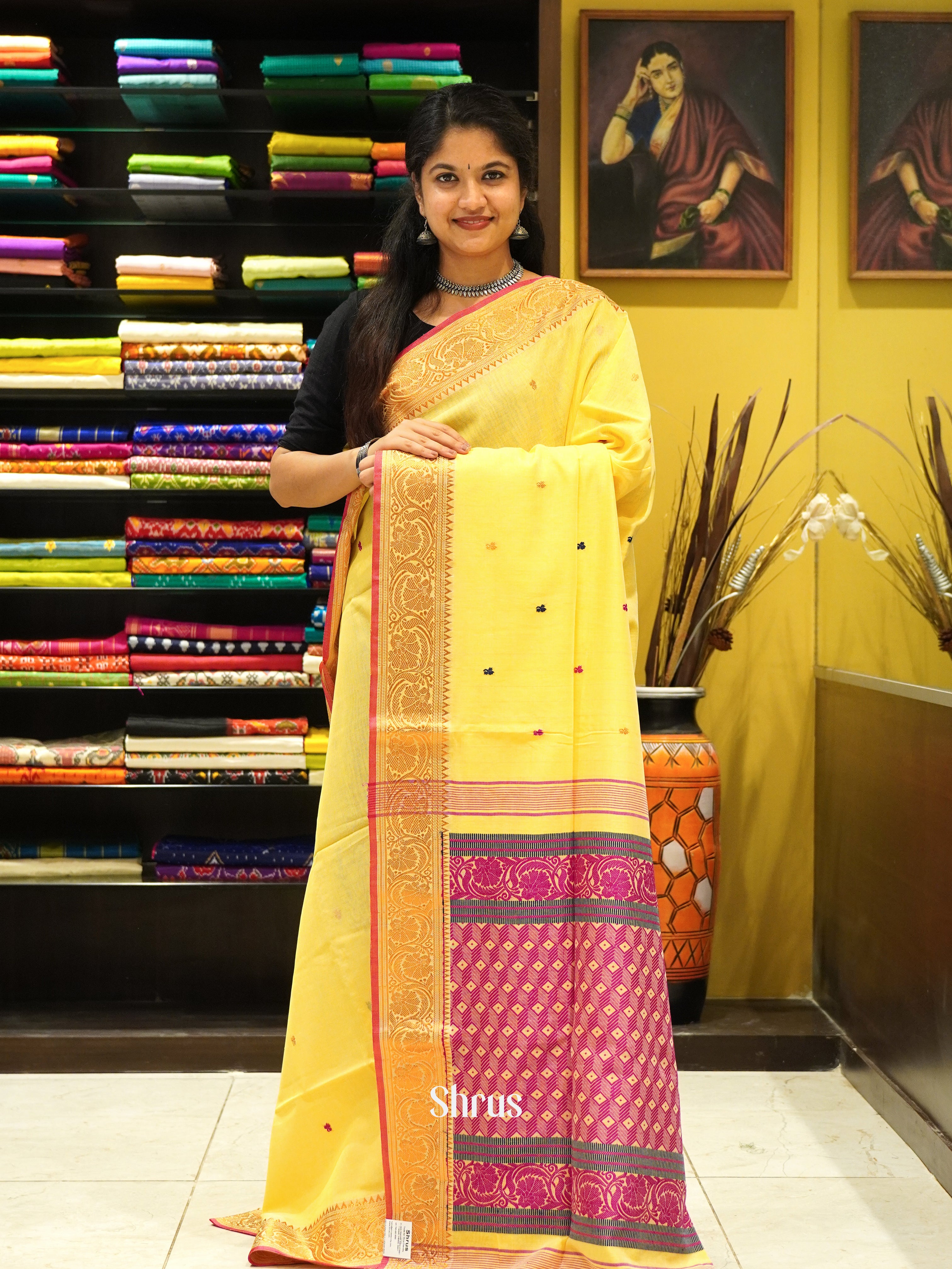 Yellow & Pink - Bengal cotton Saree - Shop on ShrusEternity.com