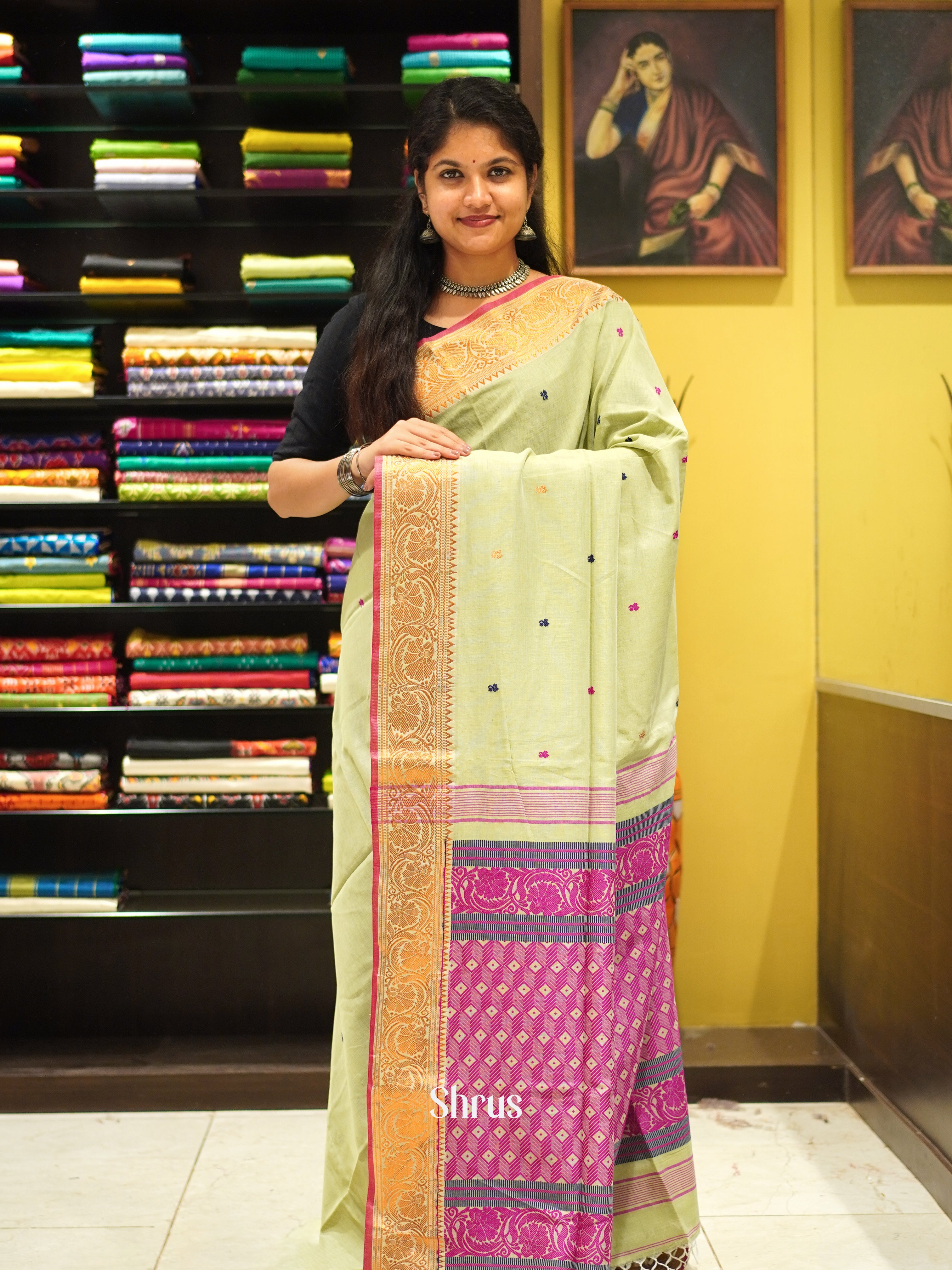 Green & Pink - Bengal cotton Saree - Shop on ShrusEternity.com