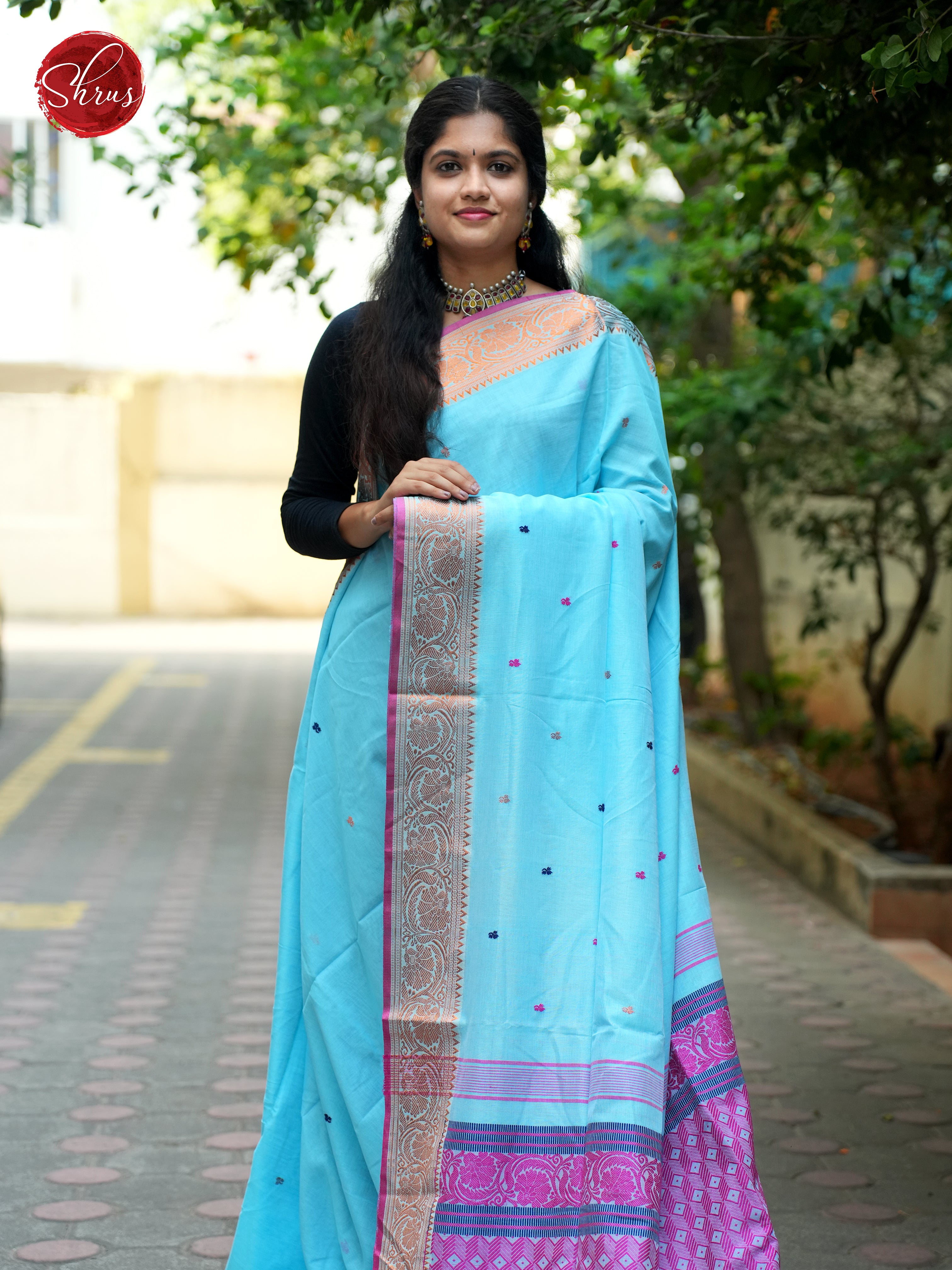 Blue & Pink  - Bengal cotton Saree - Shop on ShrusEternity.com