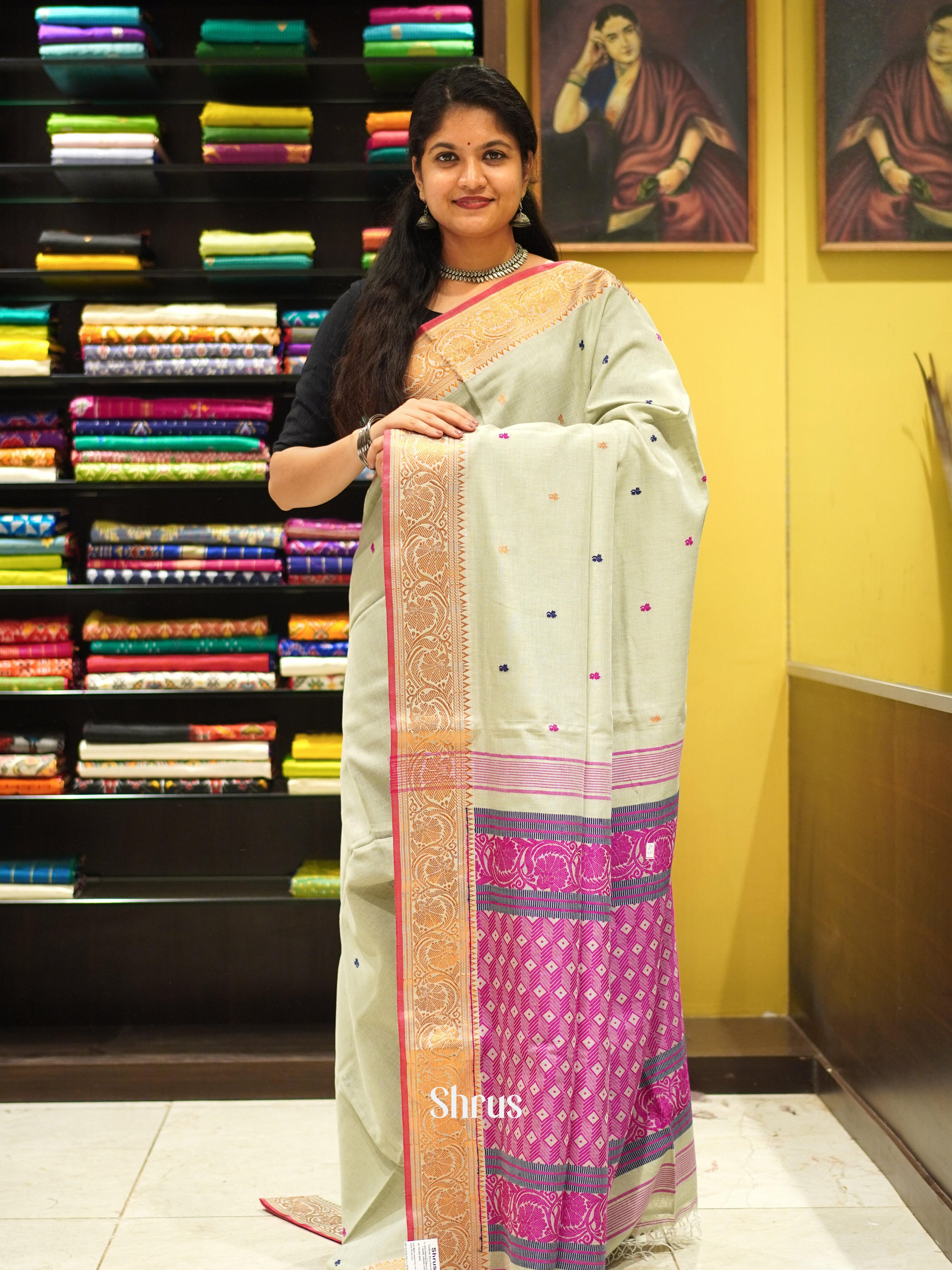 Mild Green & Pink - Bengal cotton Saree - Shop on ShrusEternity.com