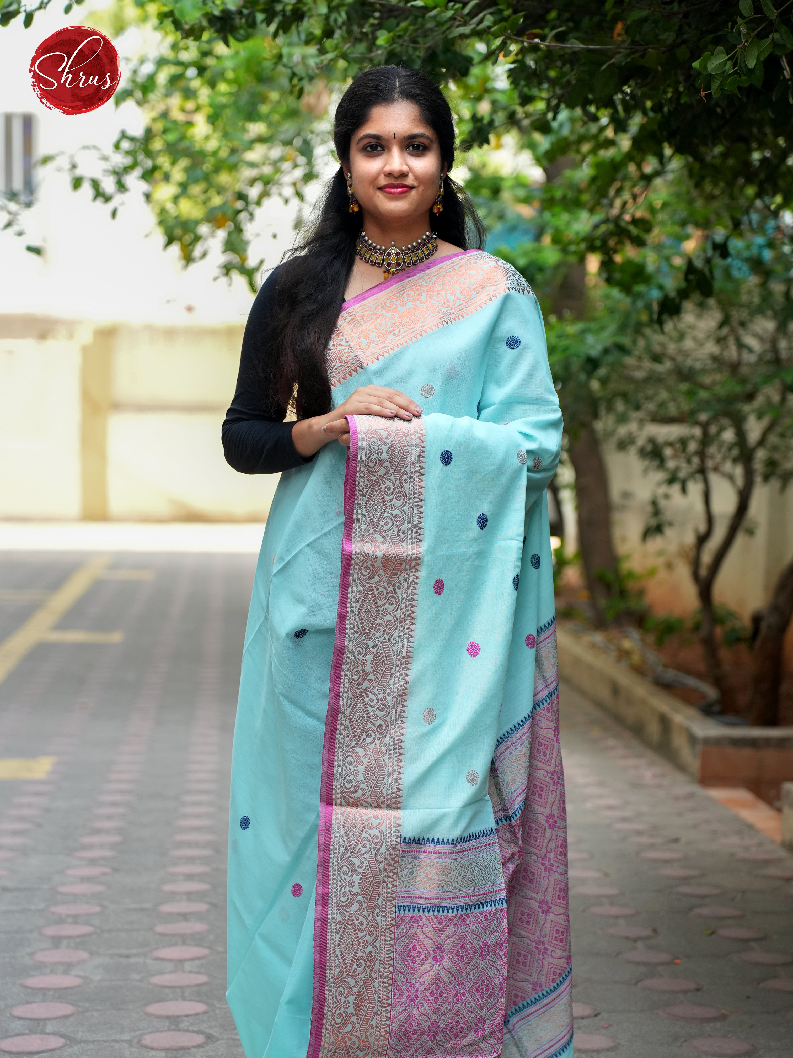 Blue & Pink - Bengal cotton Saree - Shop on ShrusEternity.com