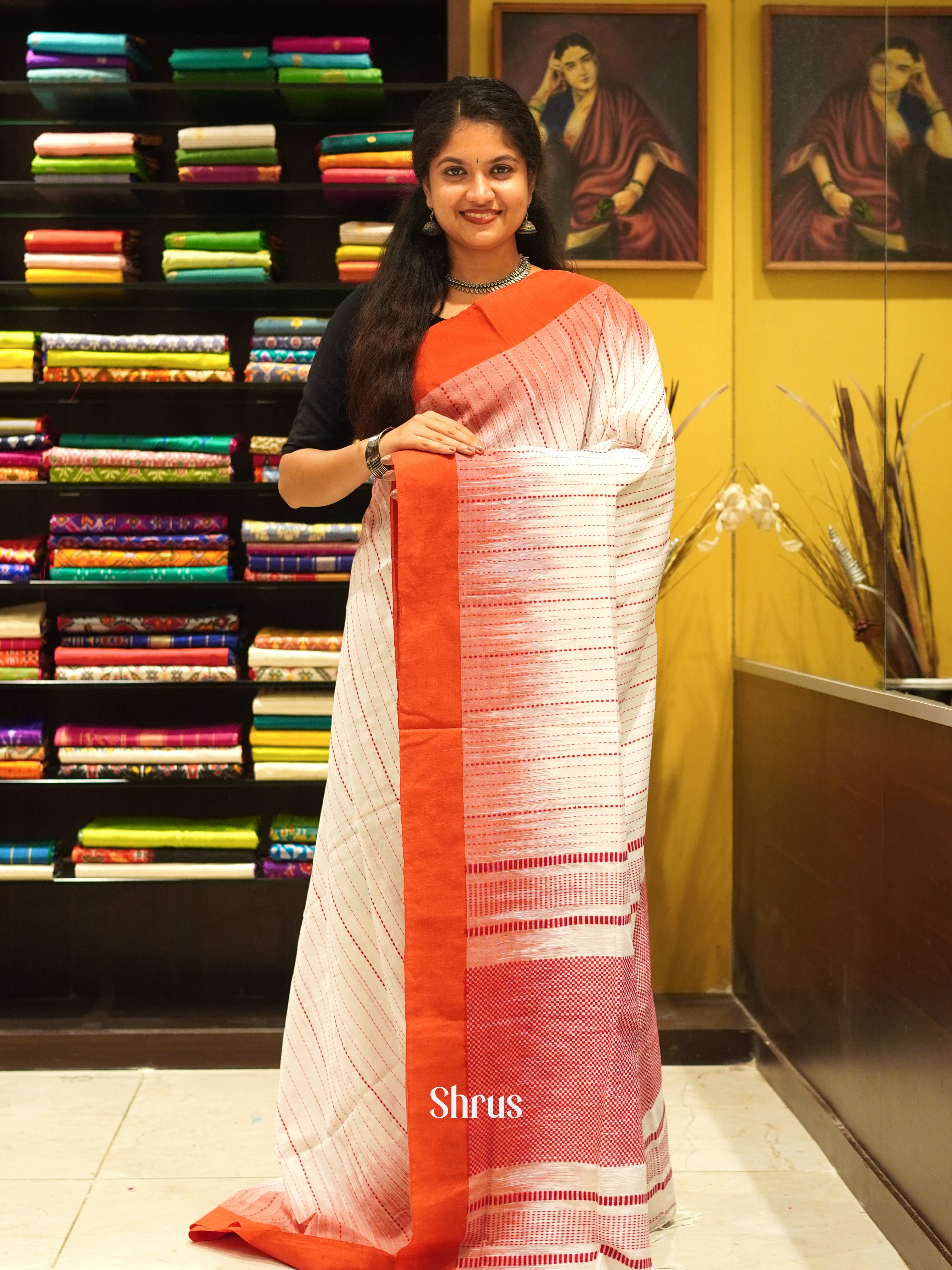 Cream & Orange - Bengal cotton Saree - Shop on ShrusEternity.com