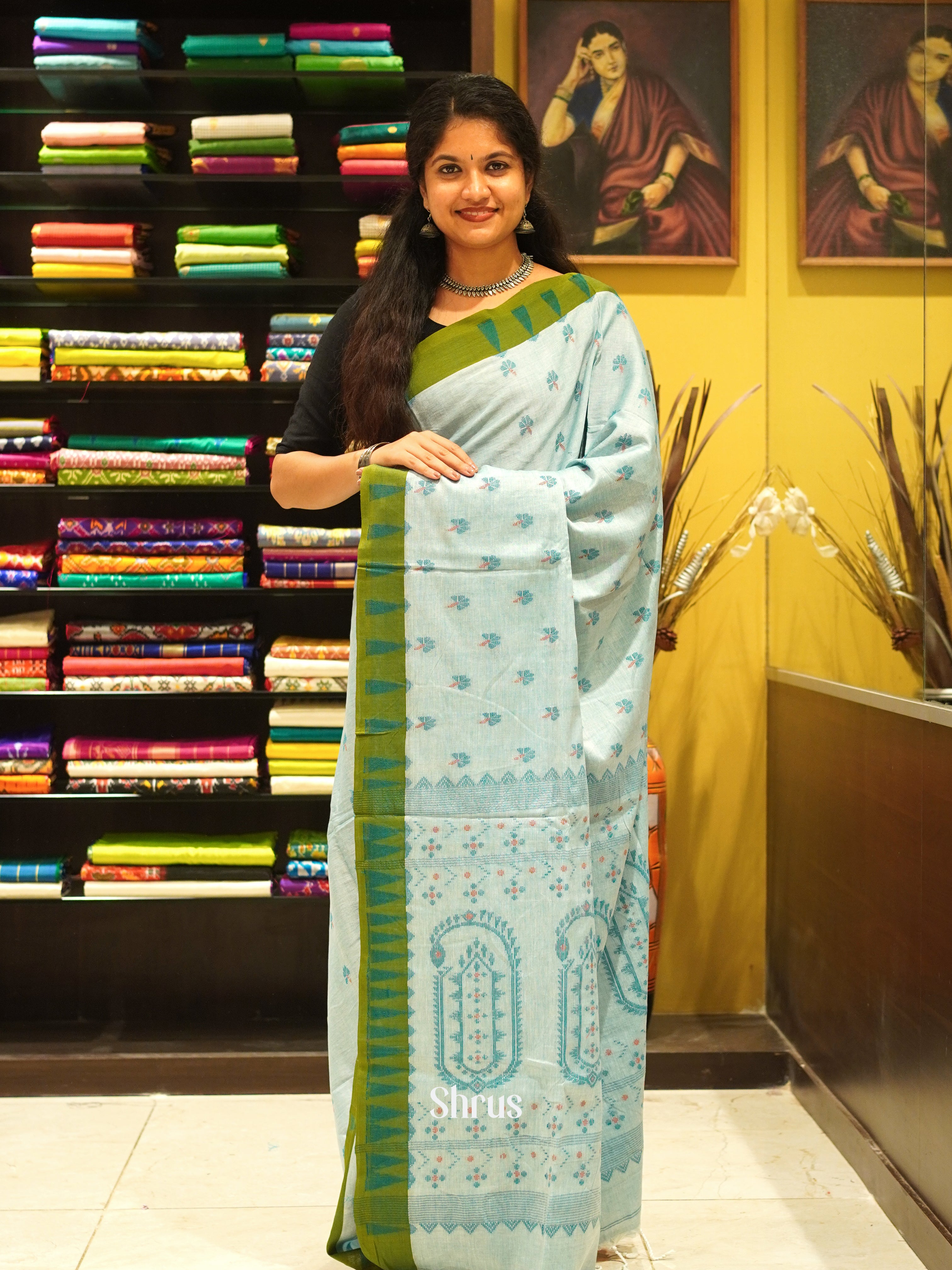 Blue & Green - Bengal cotton Saree - Shop on ShrusEternity.com