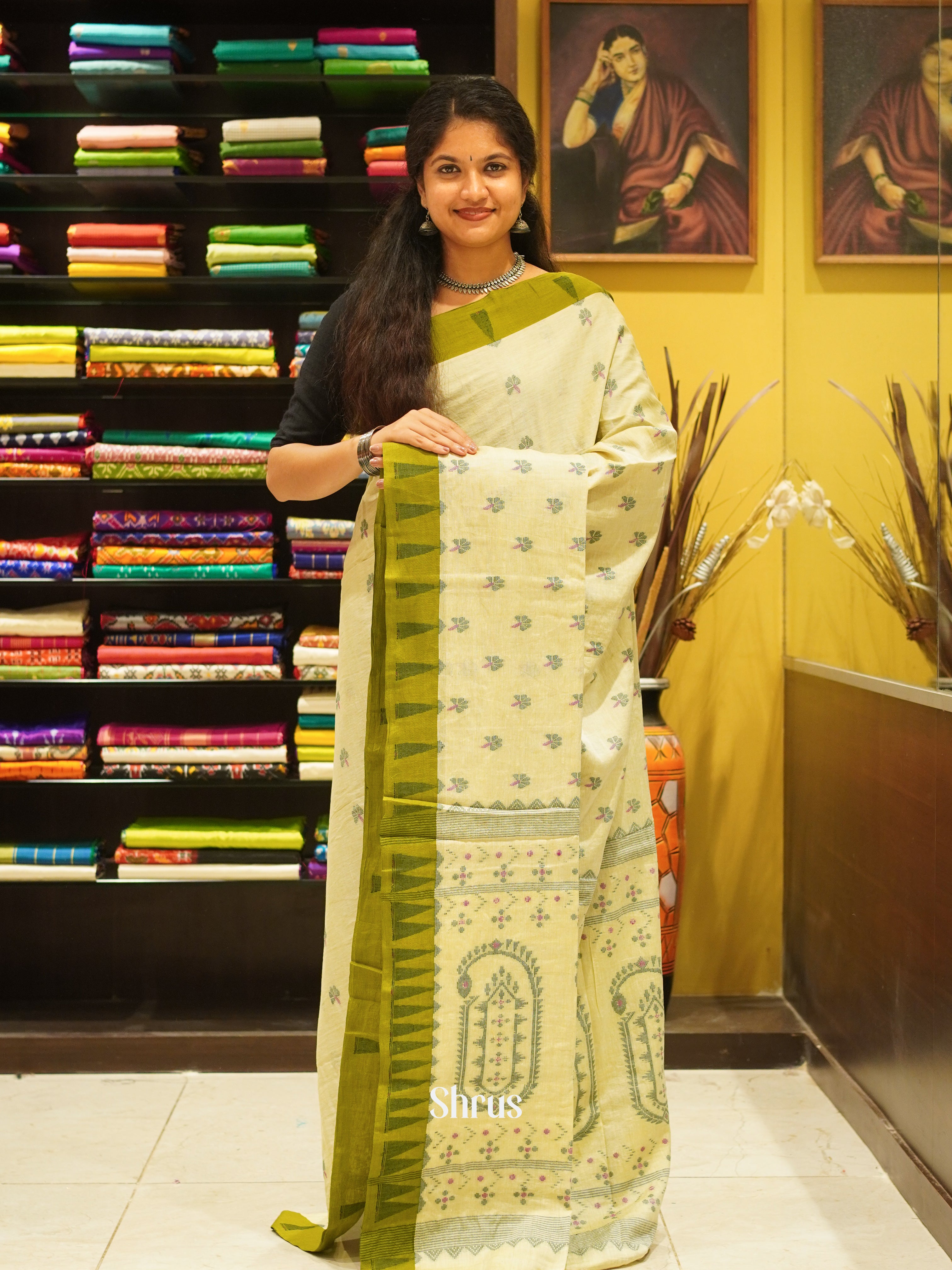 Cream & Green- Bengal cotton Saree - Shop on ShrusEternity.com