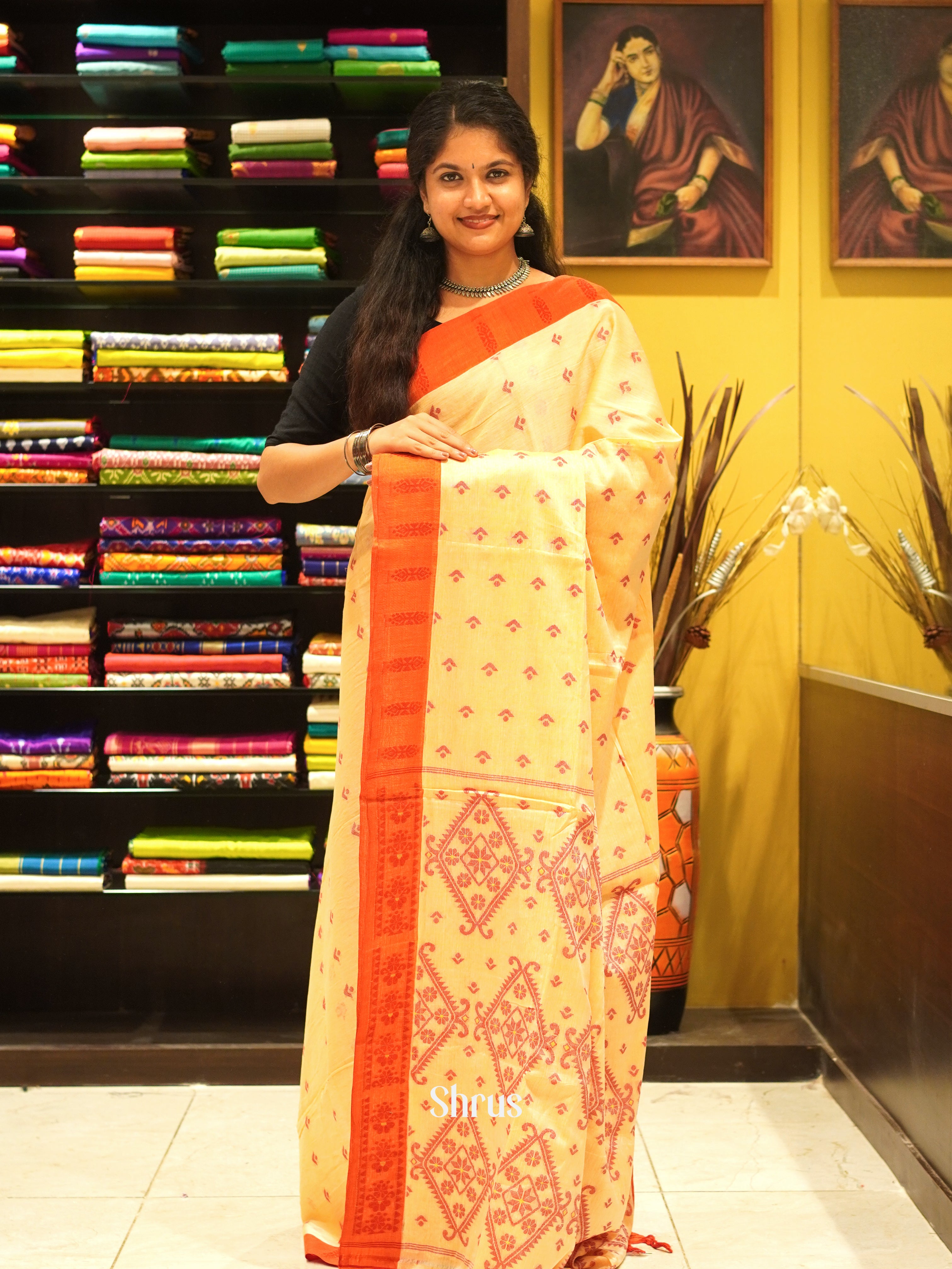 Mild Yellow & Orange- Bengal cotton Saree - Shop on ShrusEternity.com