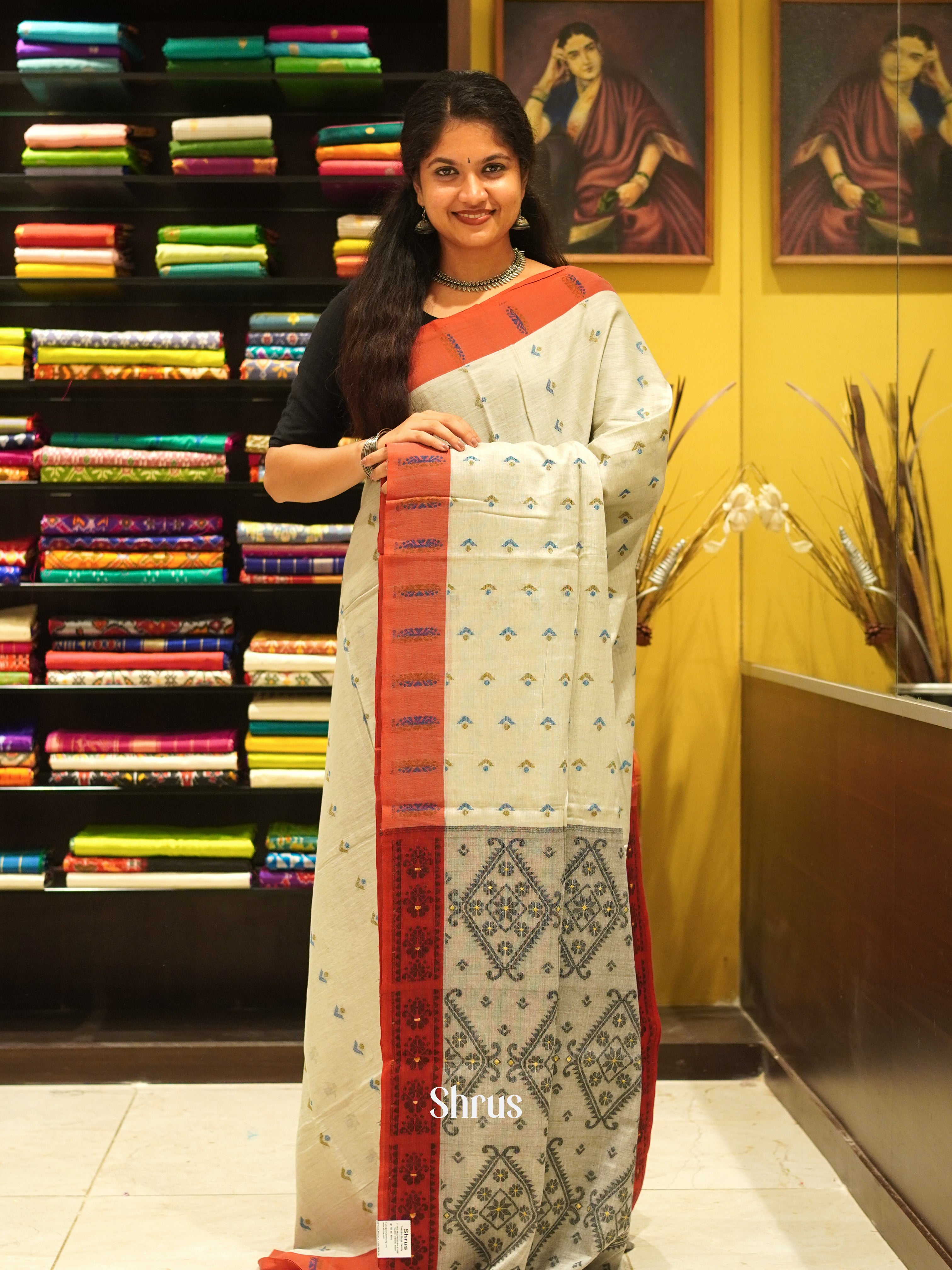 Cream & Orange - Bengal cotton Saree - Shop on ShrusEternity.com