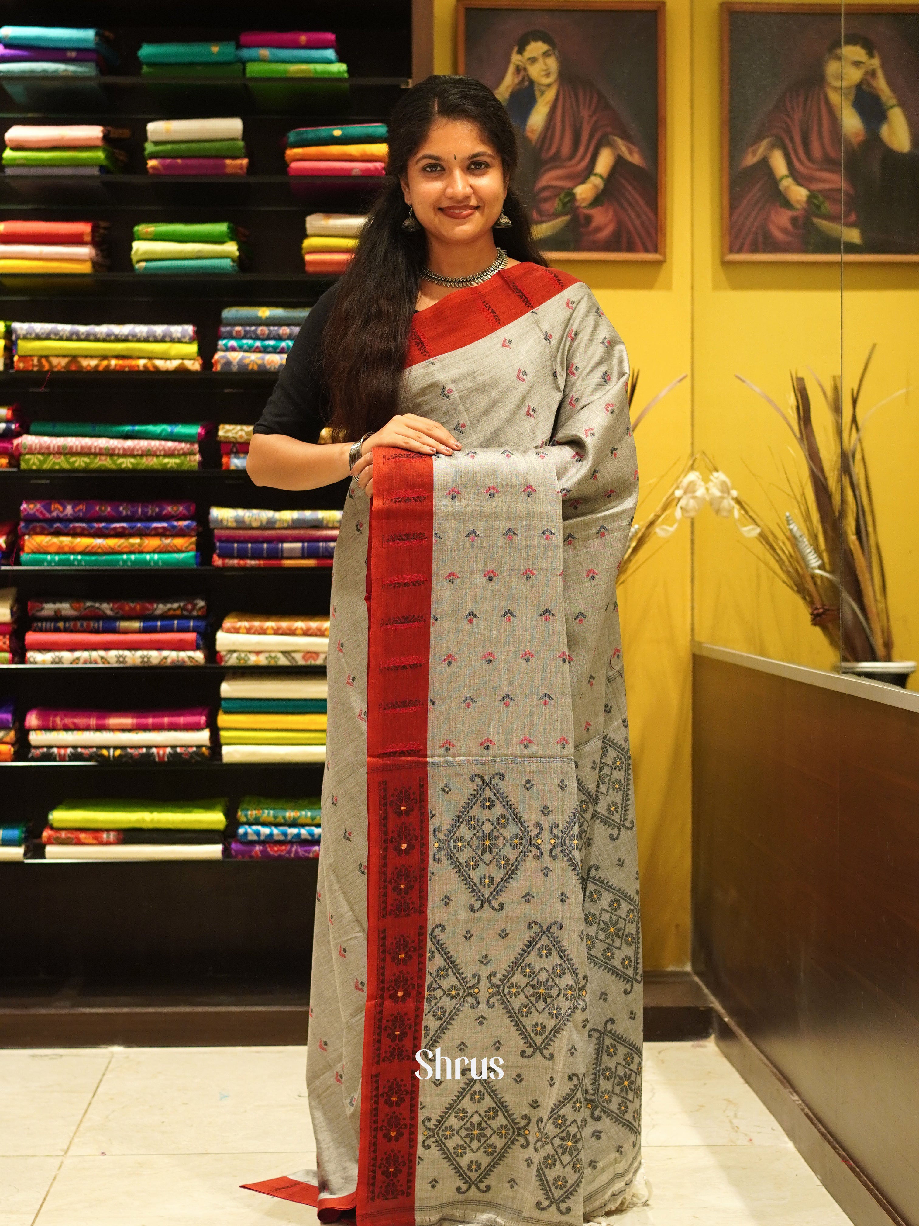 Grey &  Red - Bengal cotton Saree - Shop on ShrusEternity.com