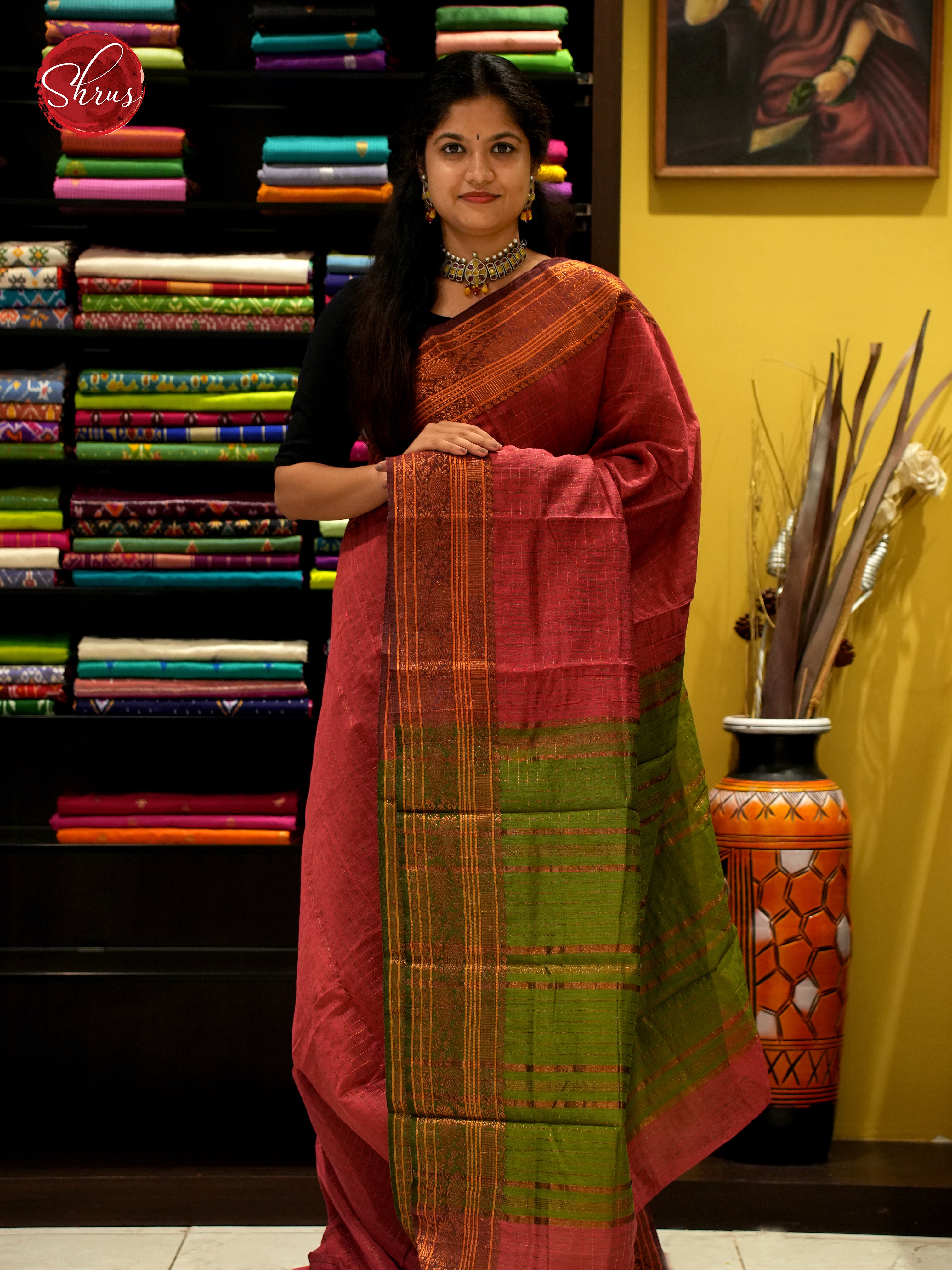 Red & Green - Mercerized Cotton Saree - Shop on ShrusEternity.com