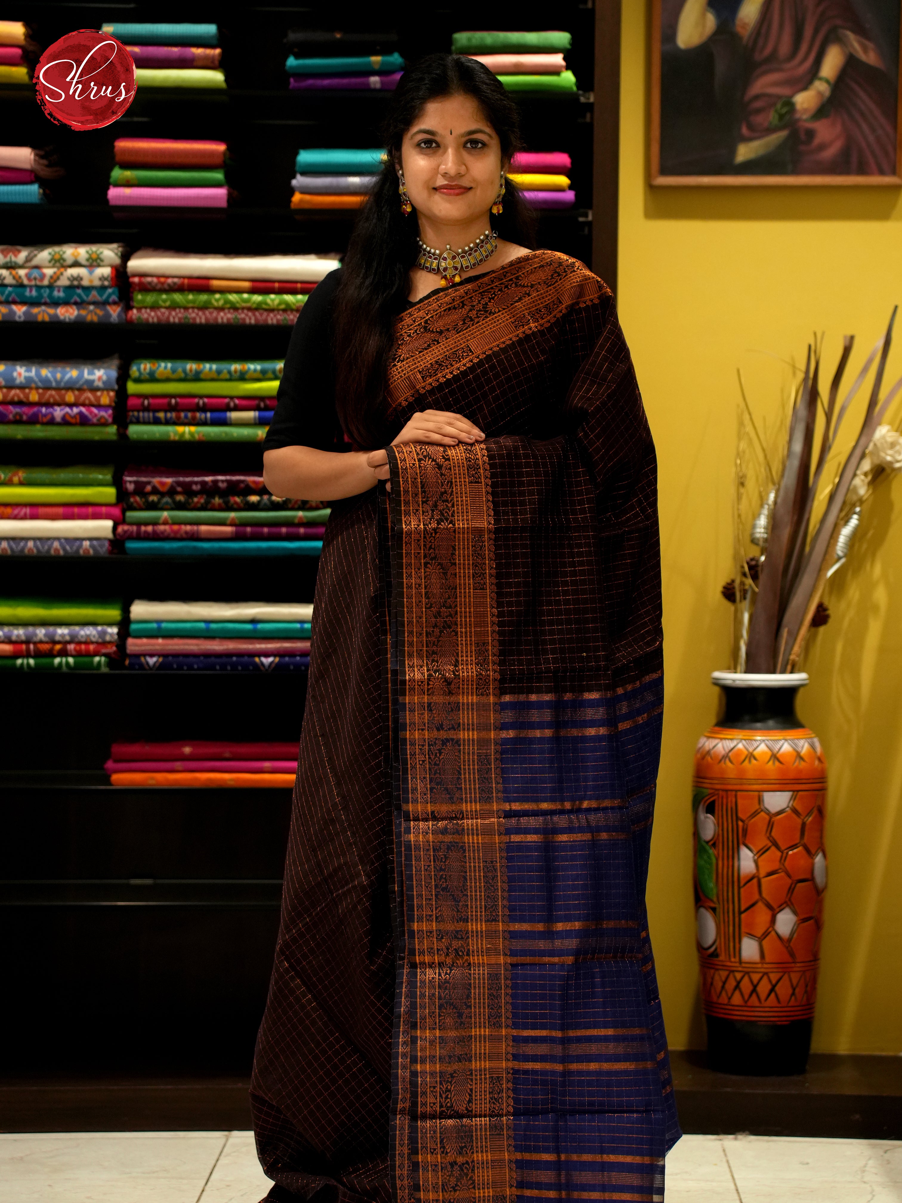 Brown & Blue - Mercerized Cotton Saree - Shop on ShrusEternity.com