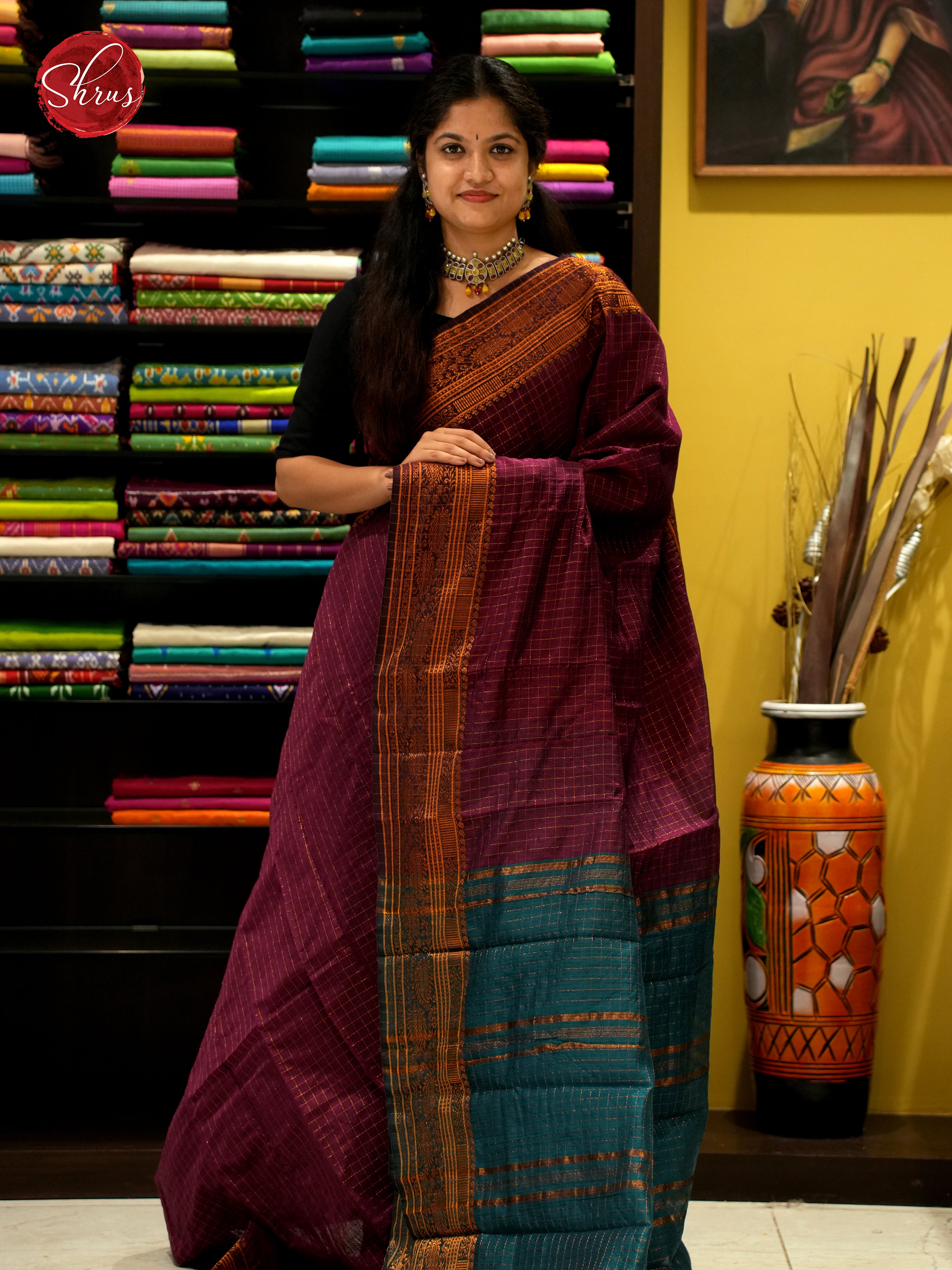 Wine & Blue - Mercerized Cotton Saree - Shop on ShrusEternity.com