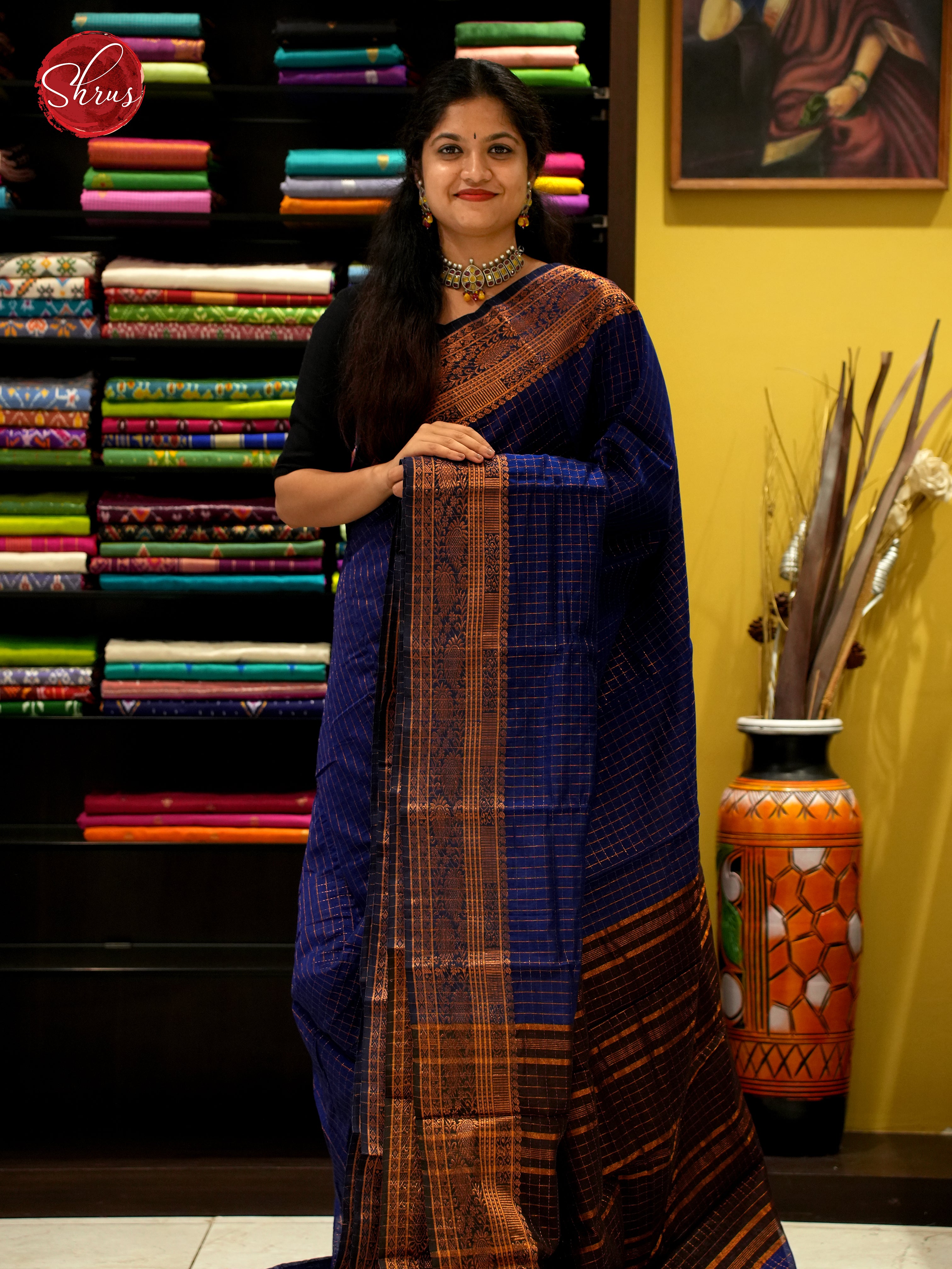 Blue & Brown- Mercerized Cotton Saree - Shop on ShrusEternity.com