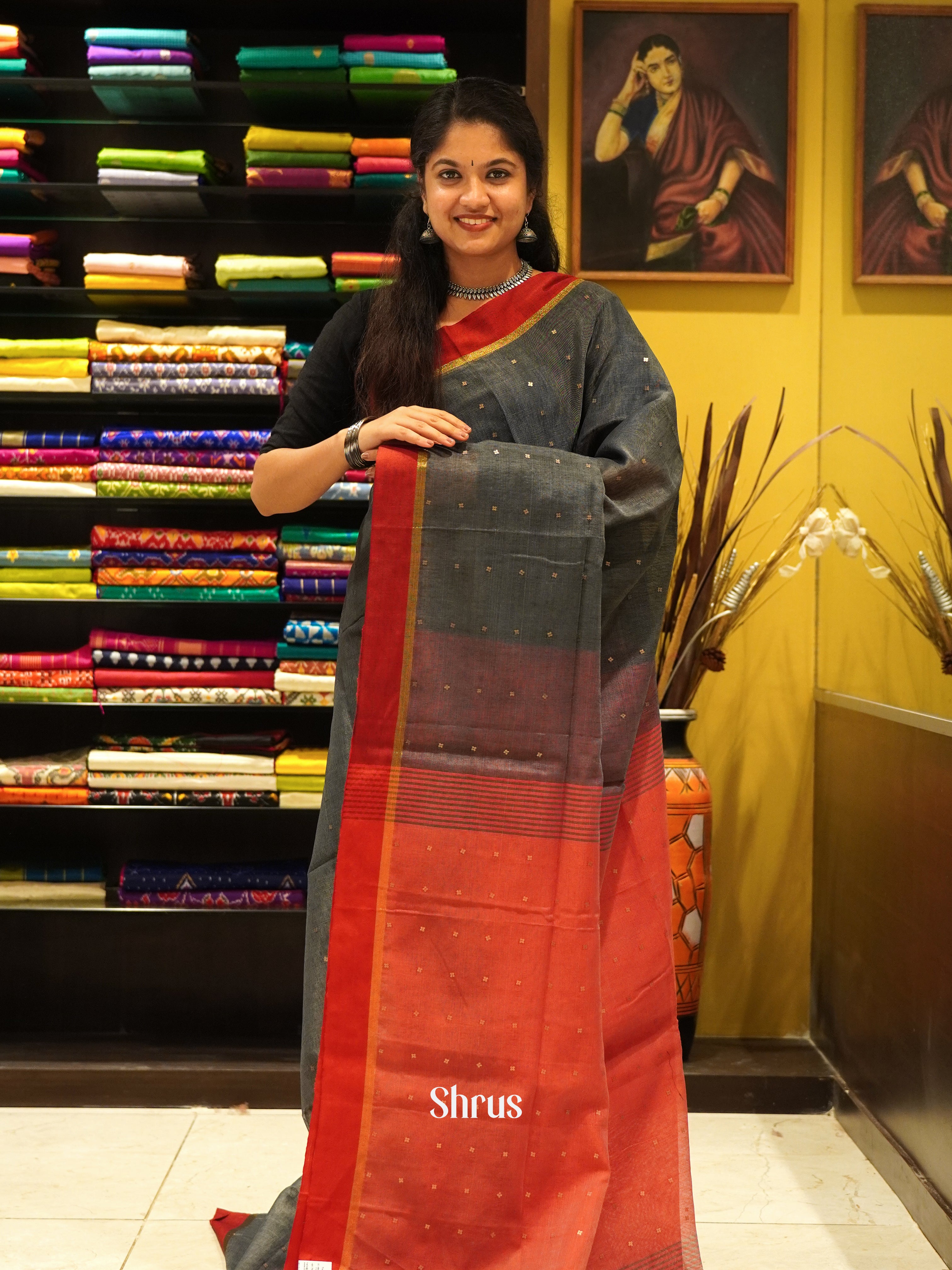 Grey & Red - Bengal cotton Saree - Shop on ShrusEternity.com