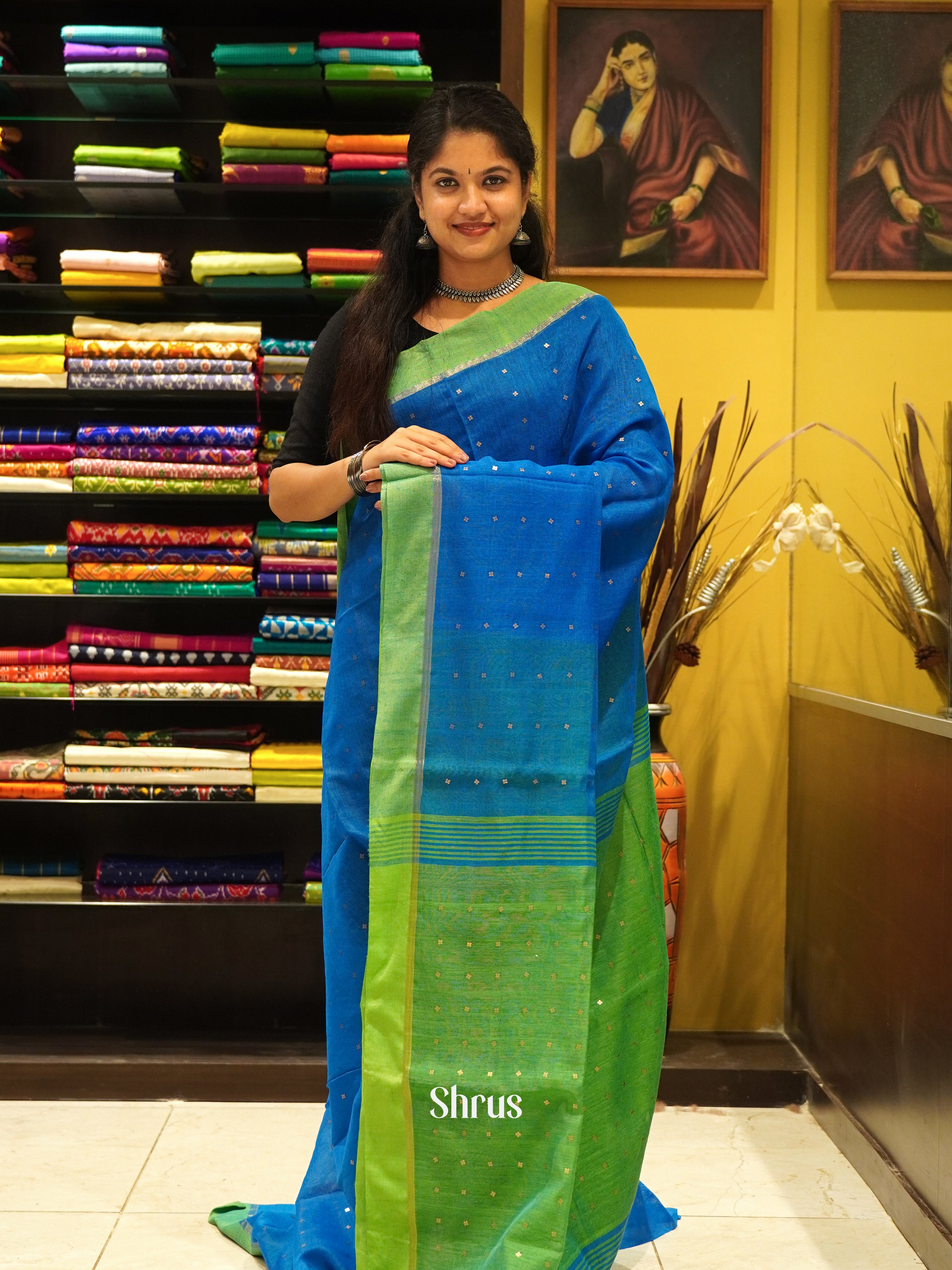 Blue & Green - Bengal cotton Saree - Shop on ShrusEternity.com