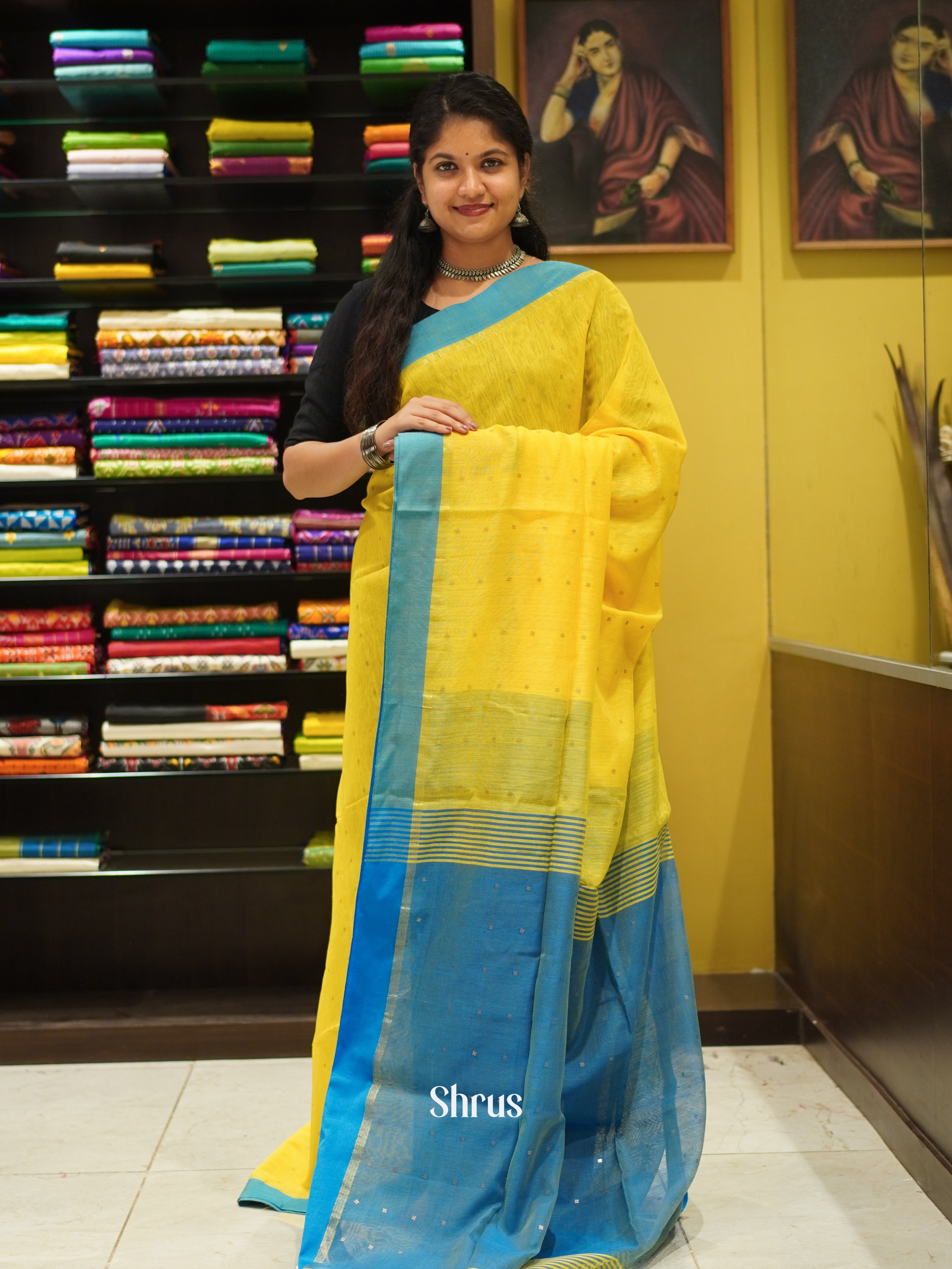 Yellow & Blue - Bengal cotton Saree - Shop on ShrusEternity.com