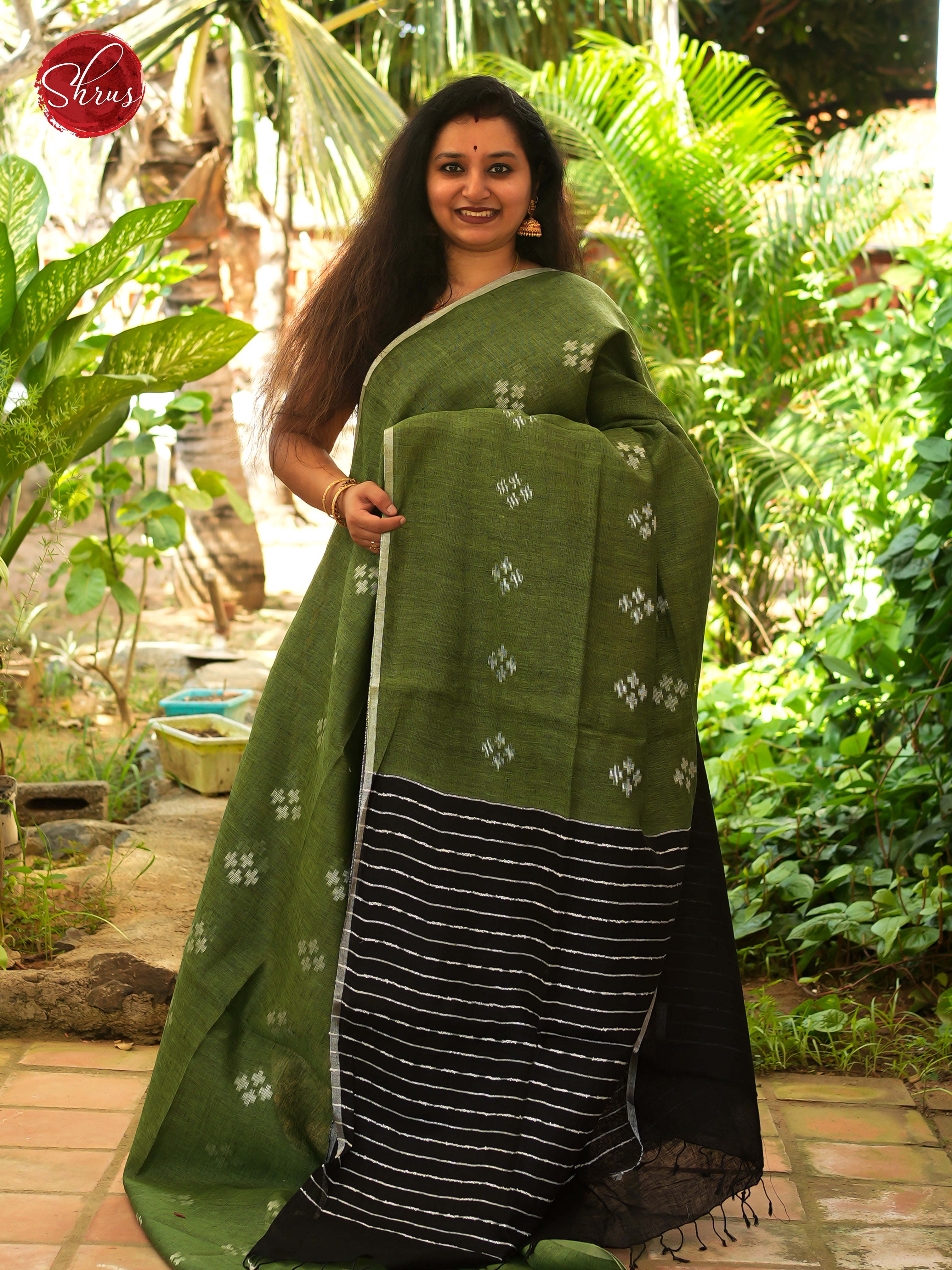 Green & Black - Linen Saree - Shop on ShrusEternity.com