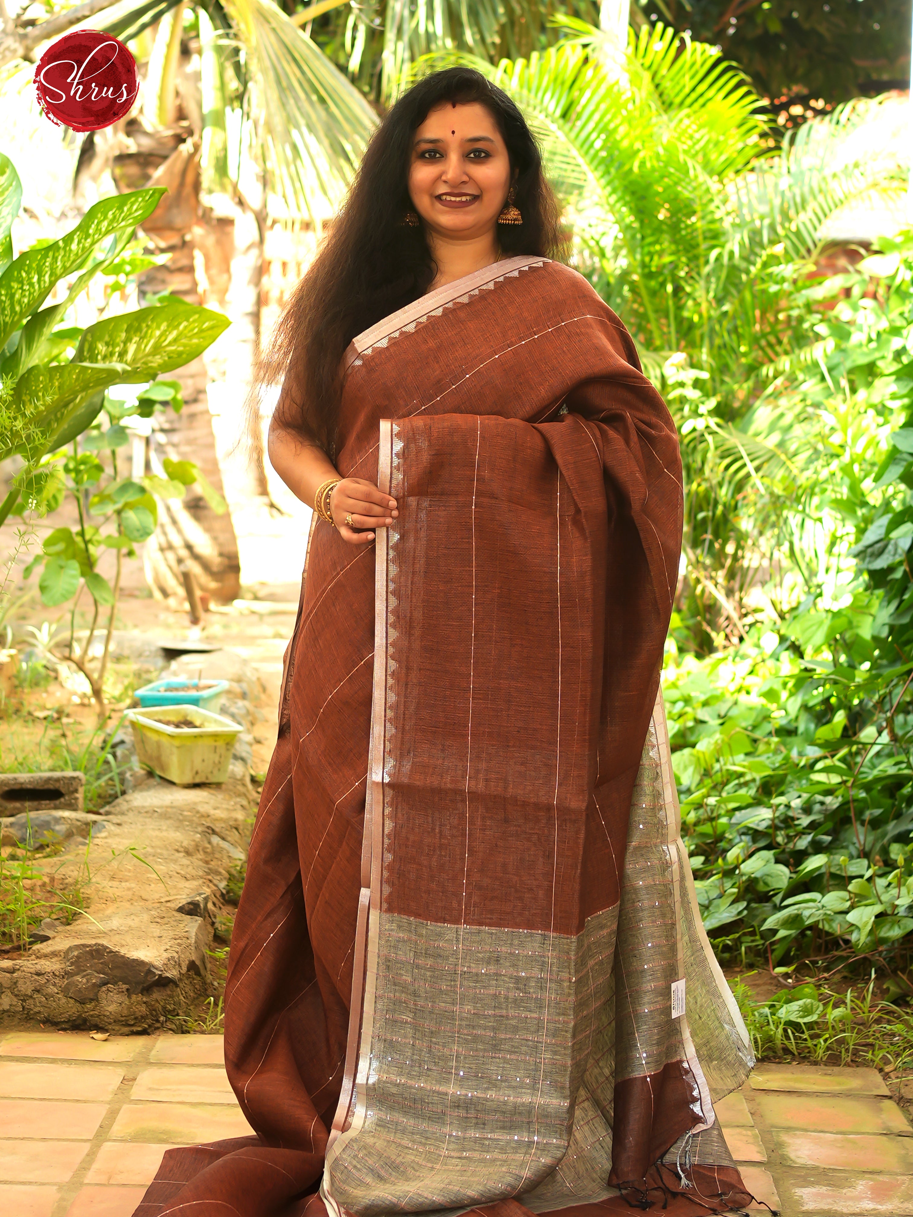 Brown & Beige - Linen Saree - Shop on ShrusEternity.com