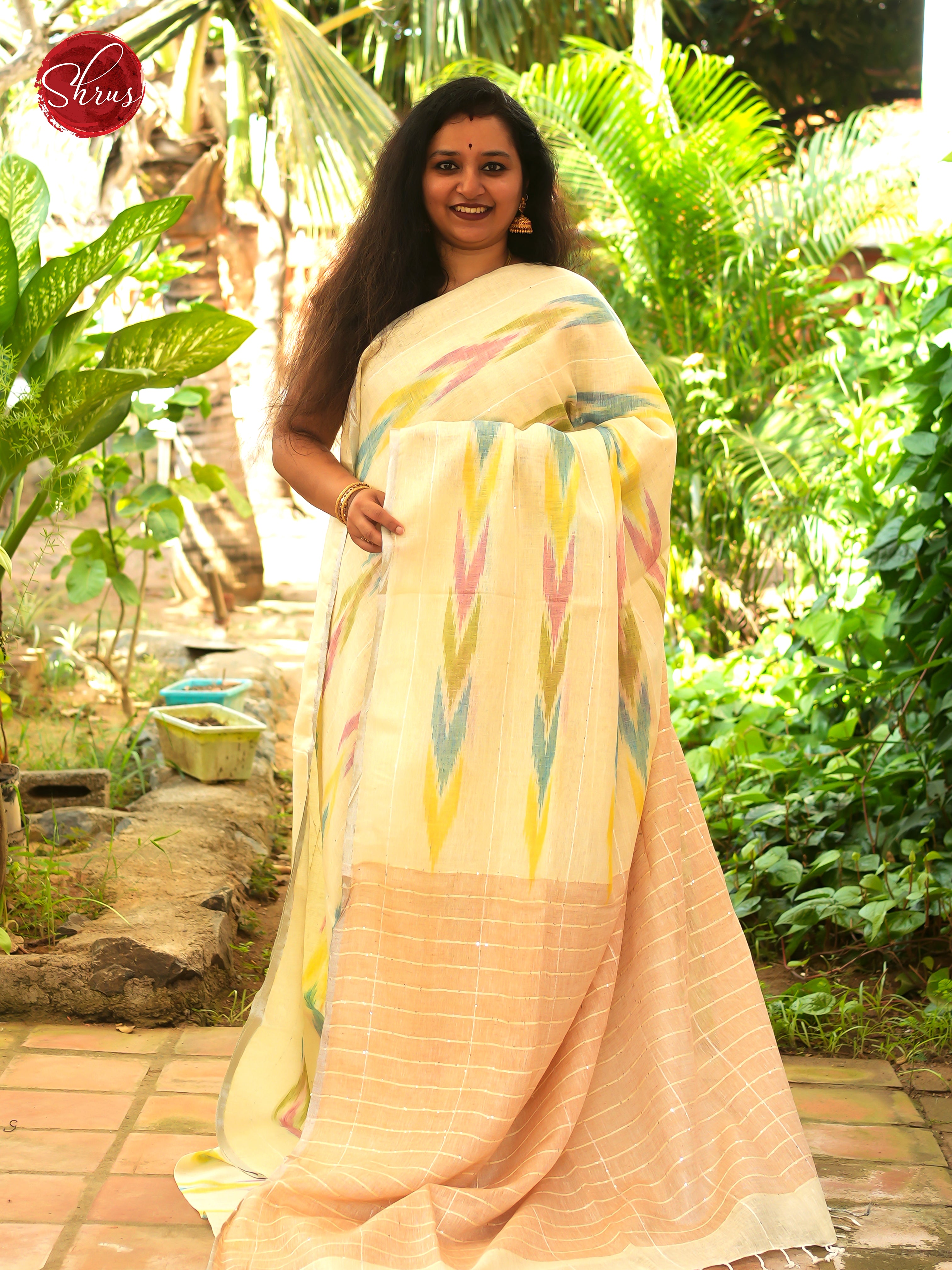 Pale Yellow & Cream - Linen Saree - Shop on ShrusEternity.com