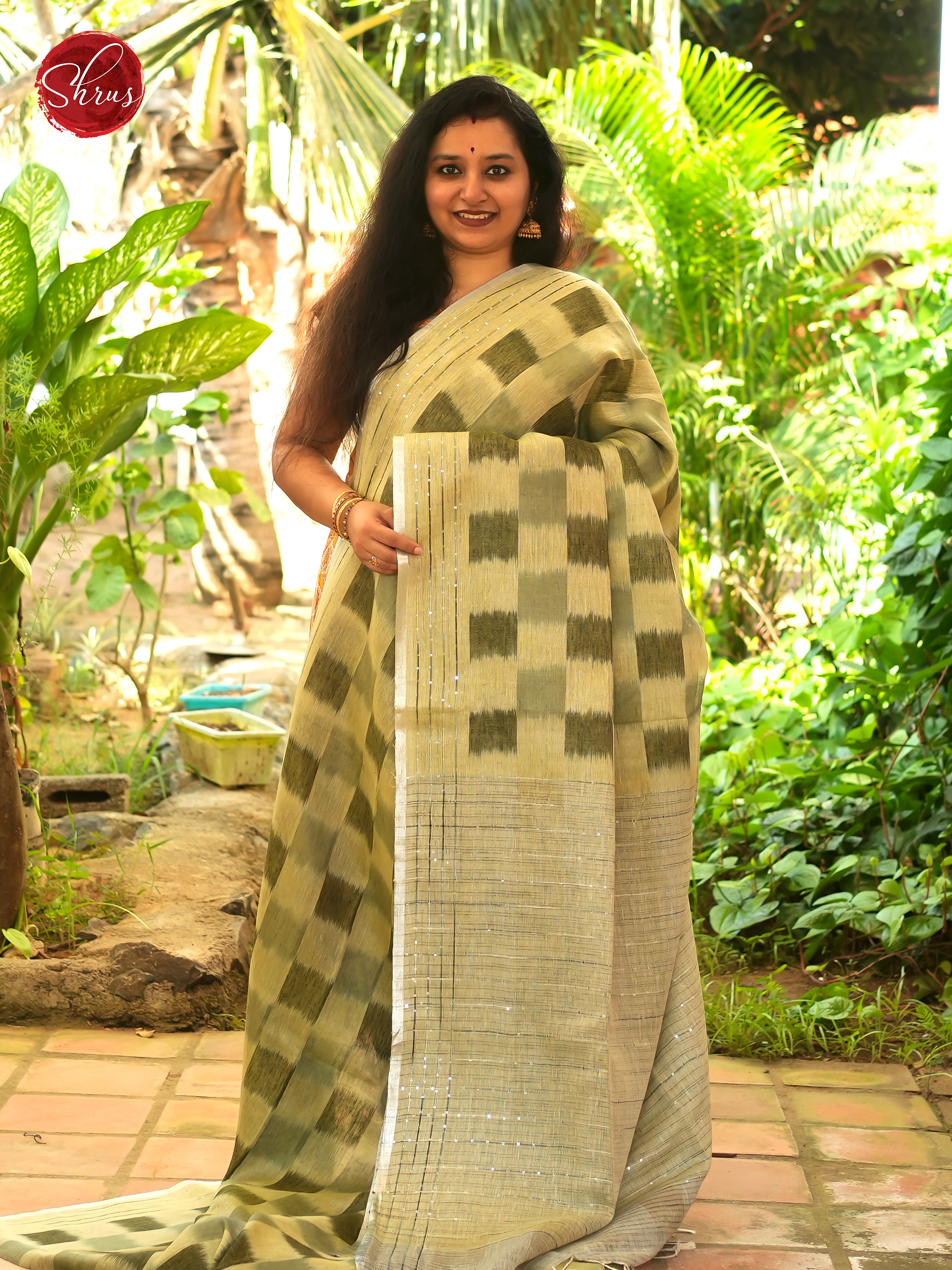 Green & Cream - Linen Saree - Shop on ShrusEternity.com