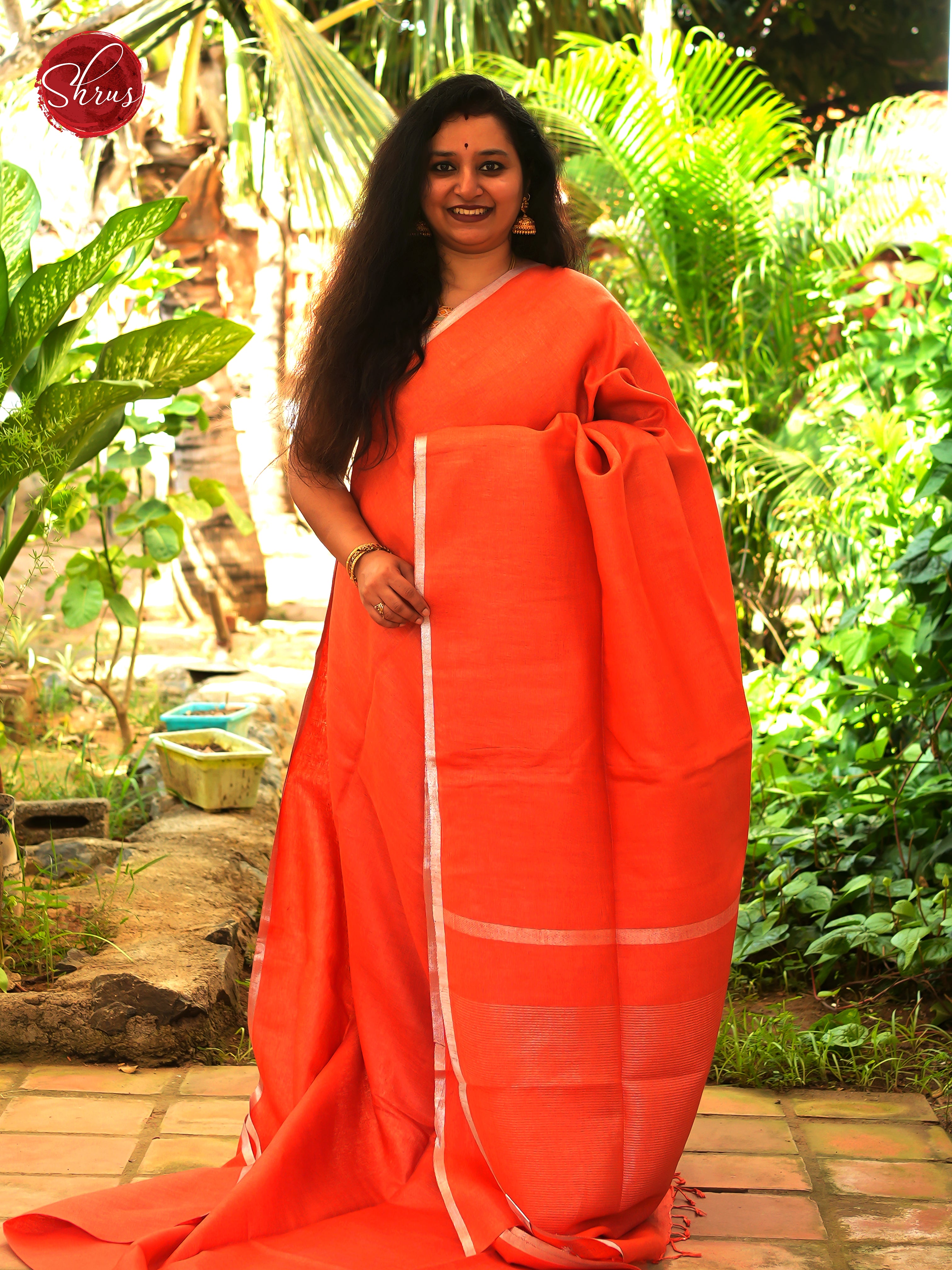 Orange - Linen Saree Saree - Shop on ShrusEternity.com