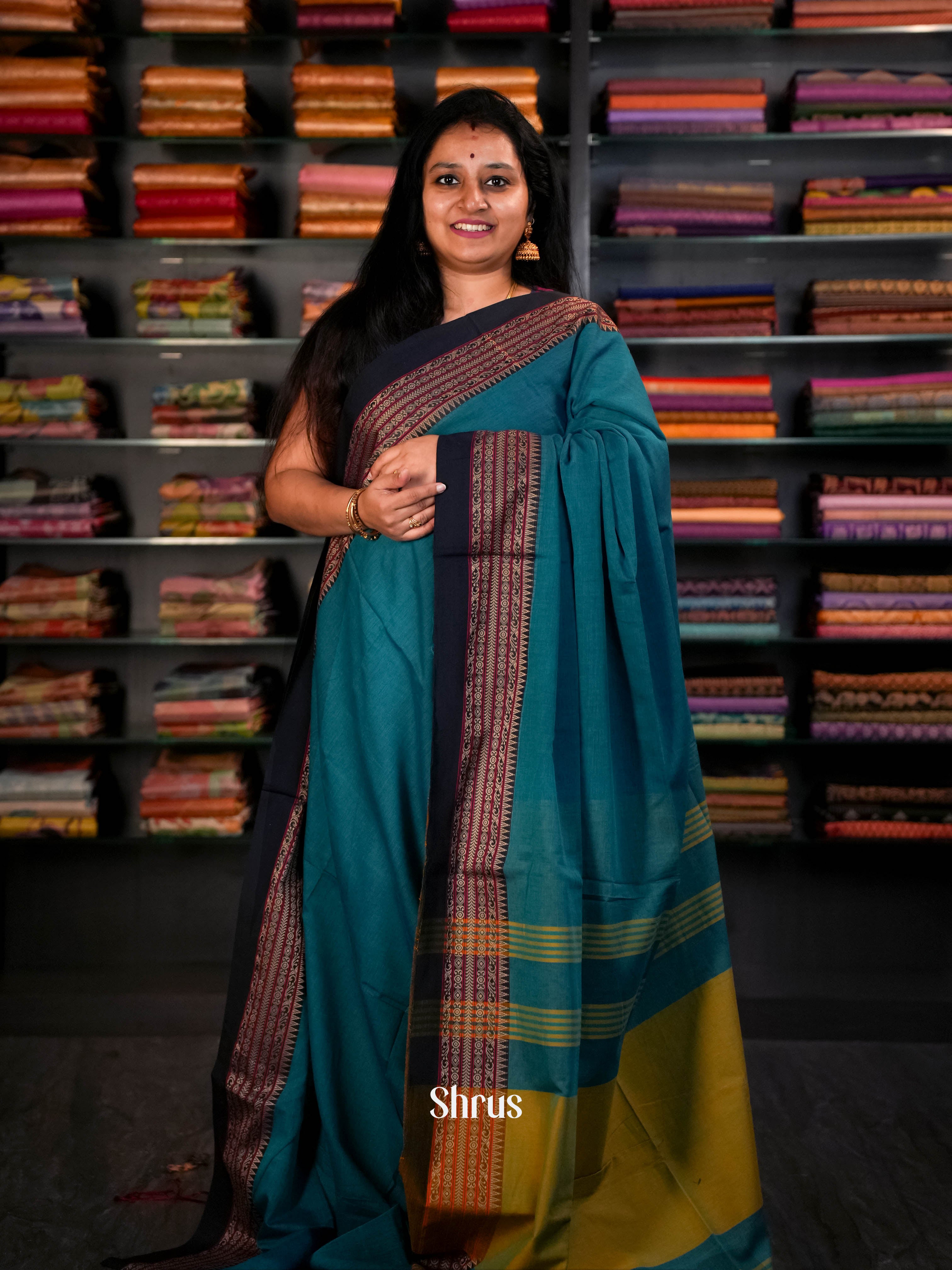 Blue & Olive Green  - Linen Saree Saree