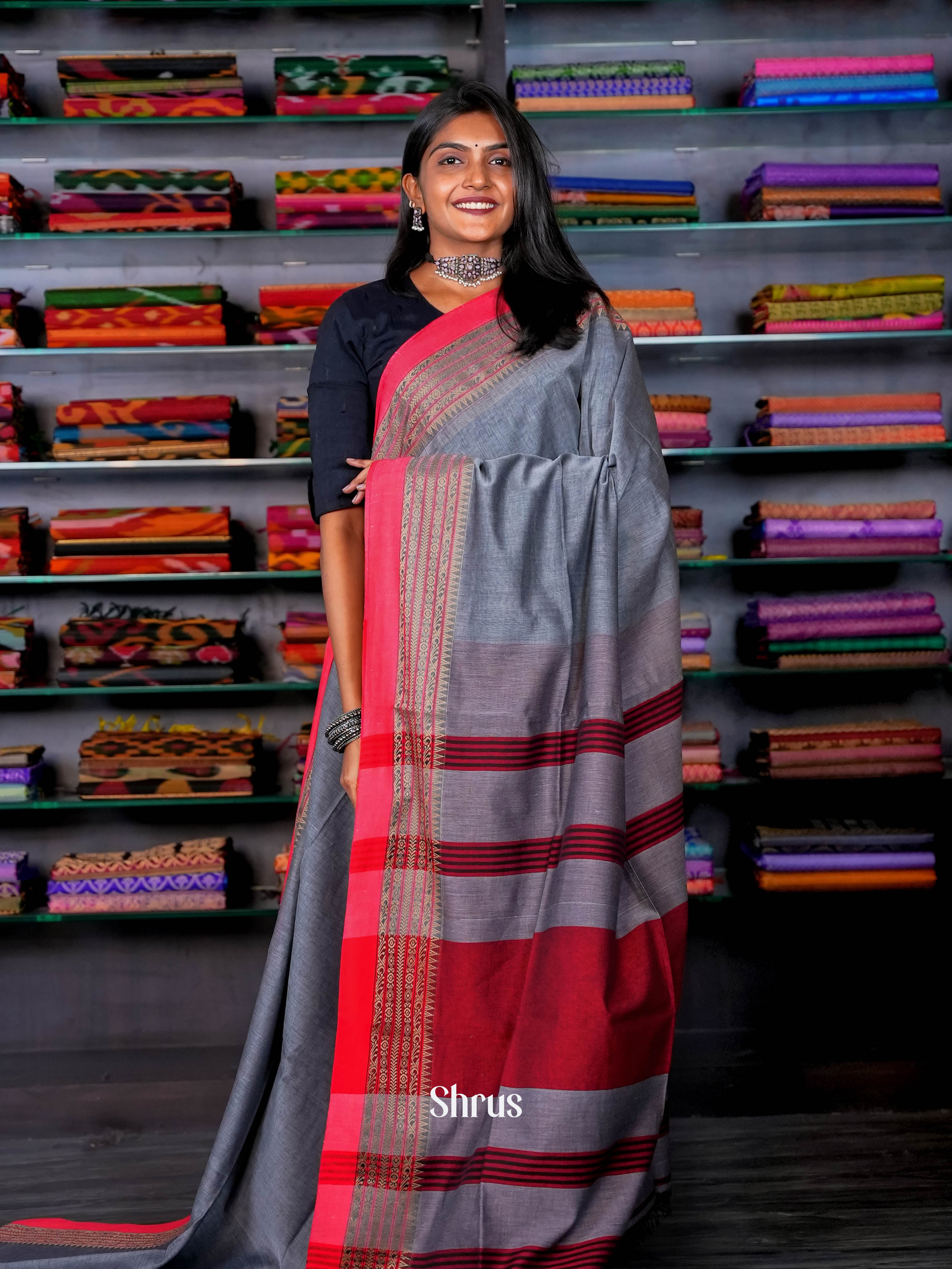 Grey & Pink  - Linen Saree