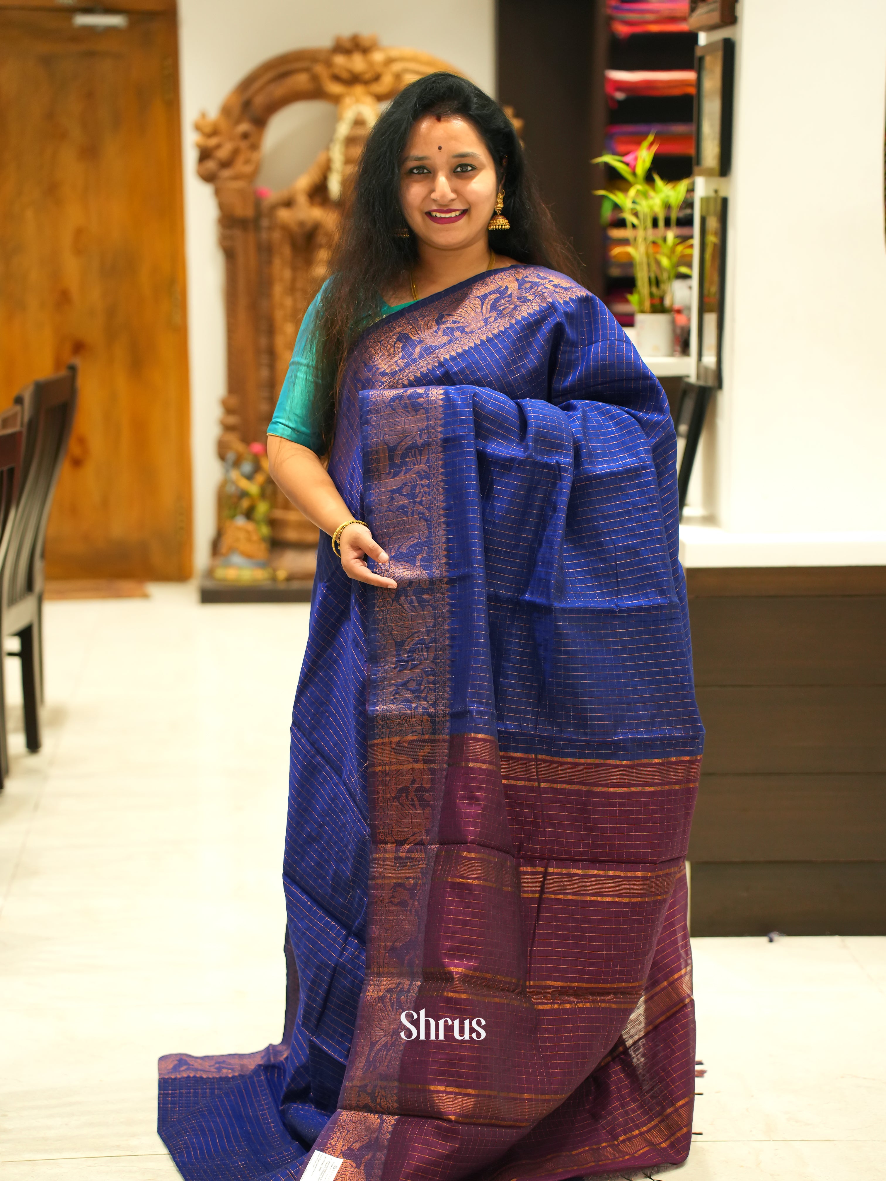 Blue & Wine - Mercerized Cotton Saree - Shop on ShrusEternity.com