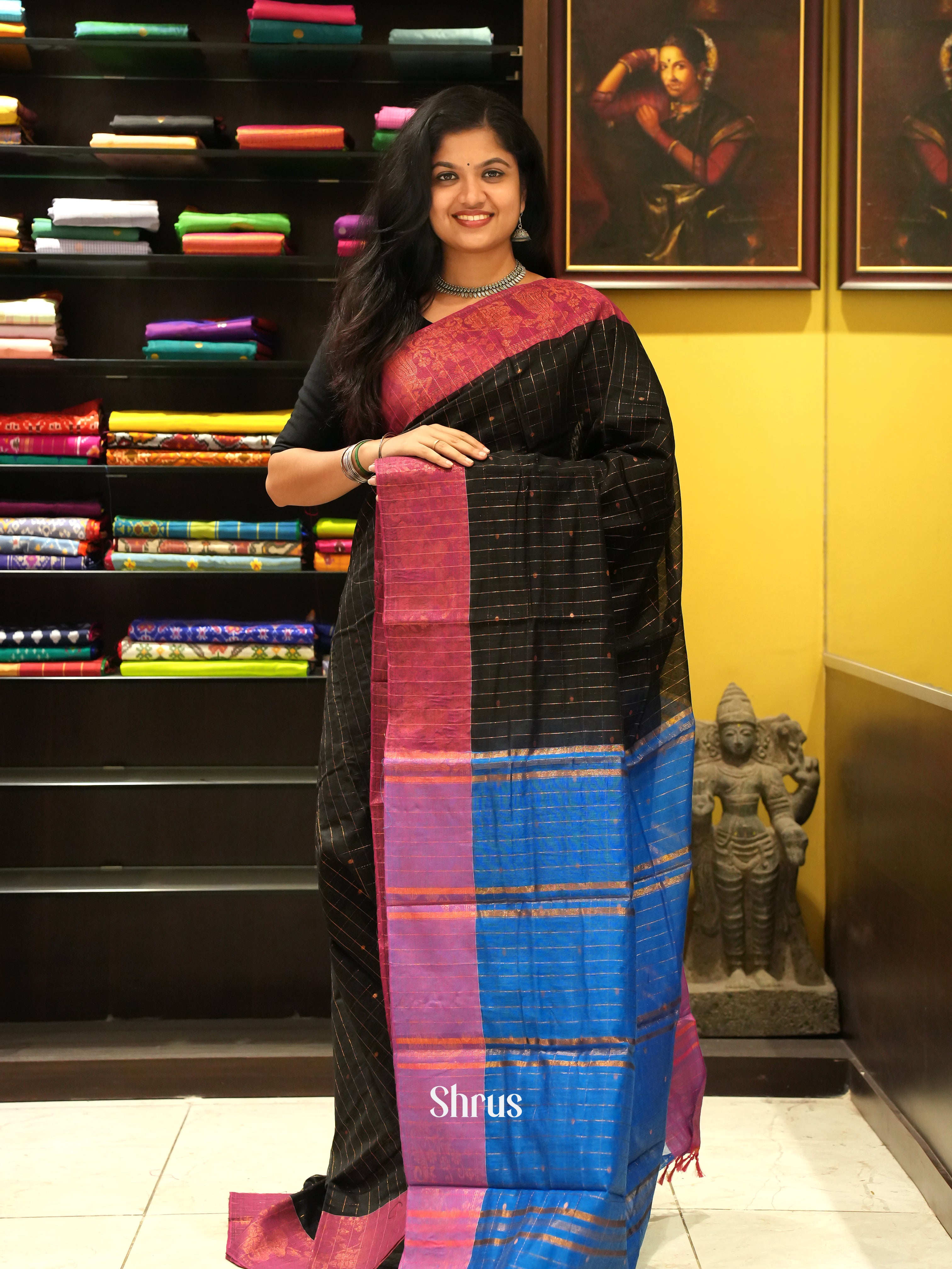 Black & Blue - Mercerized cotton Saree