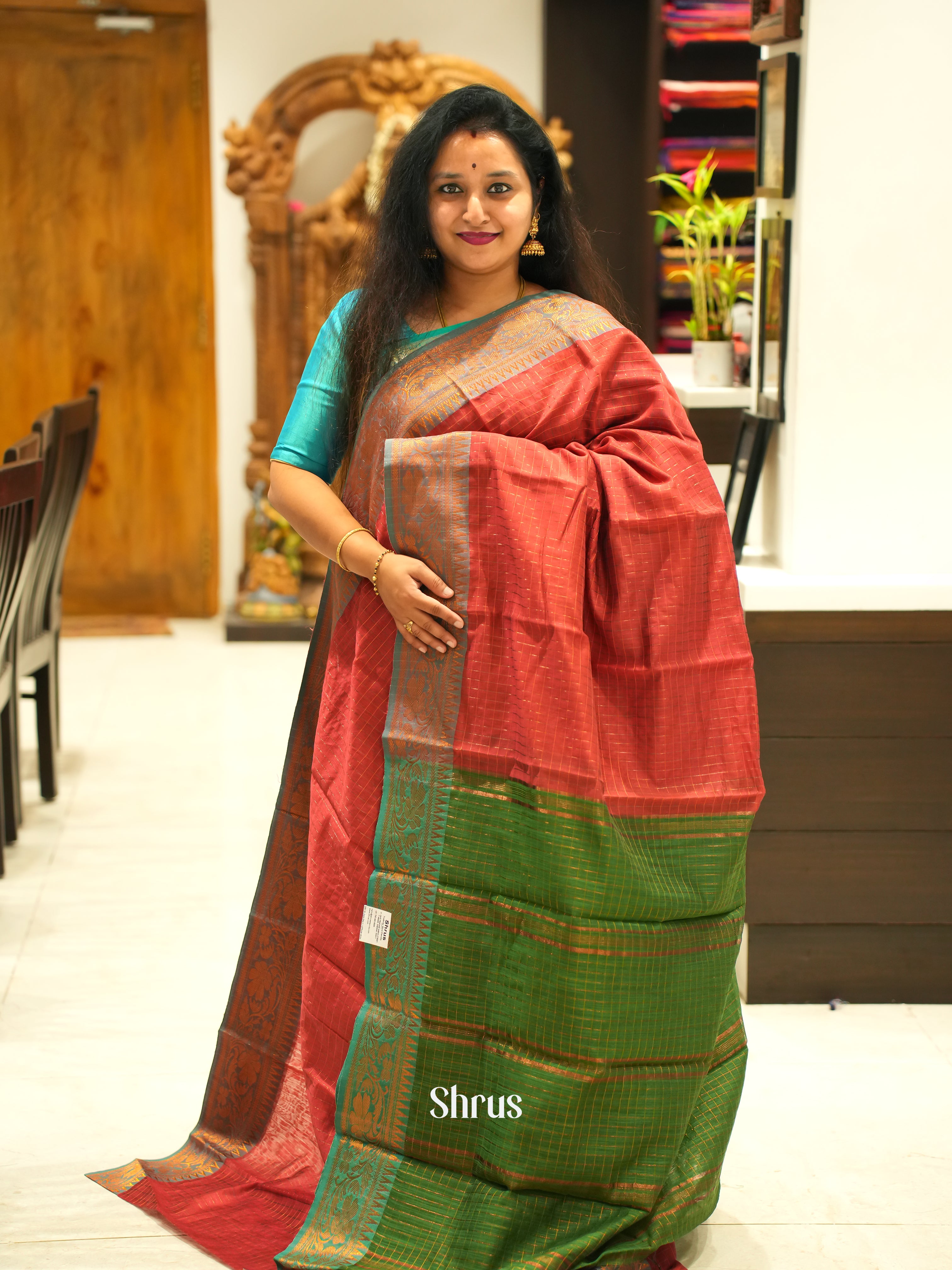 Red & Green - Mercerized cotton Saree - Shop on ShrusEternity.com