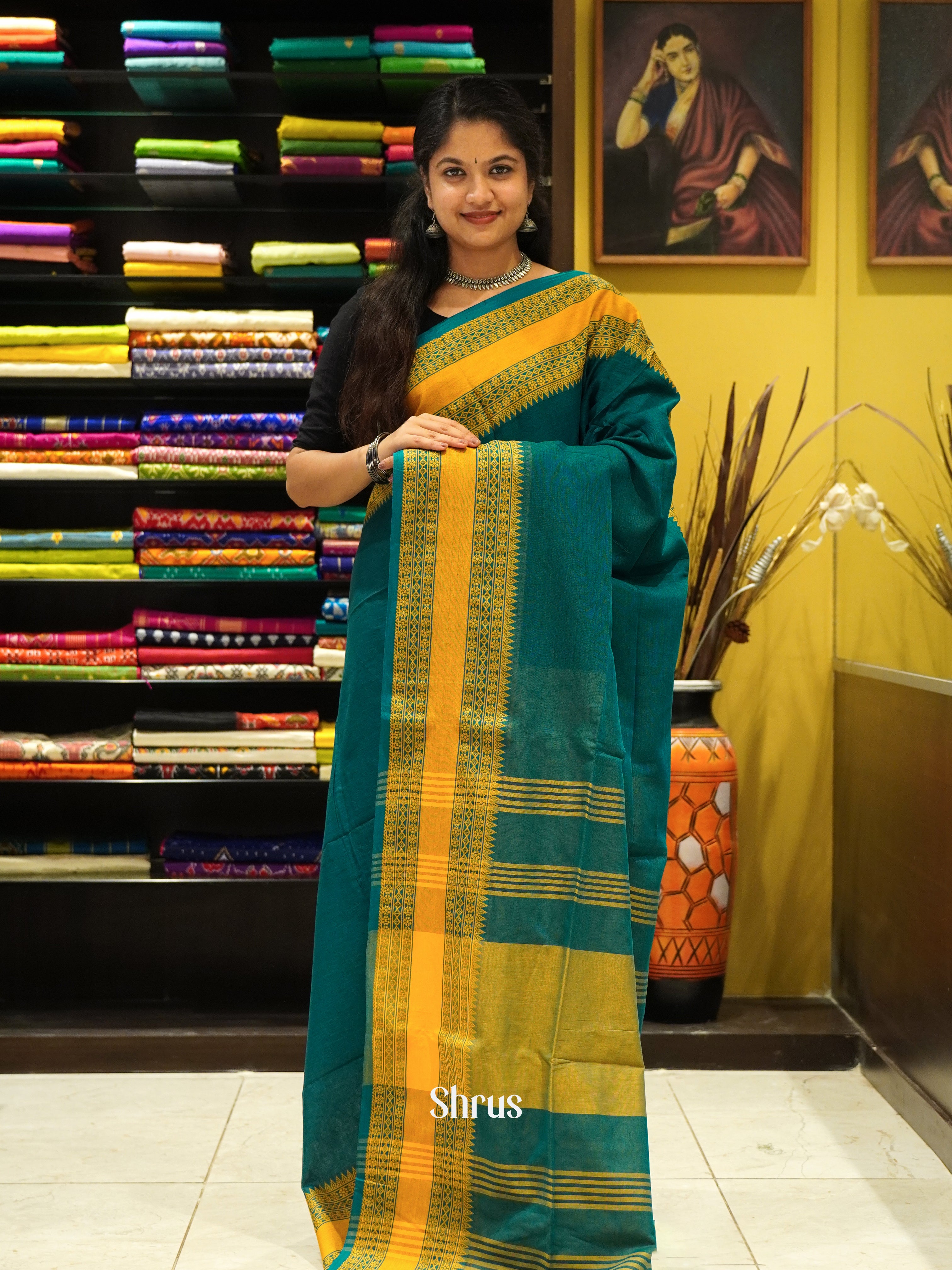 Green & Yellow- Bengal cotton Saree - Shop on ShrusEternity.com