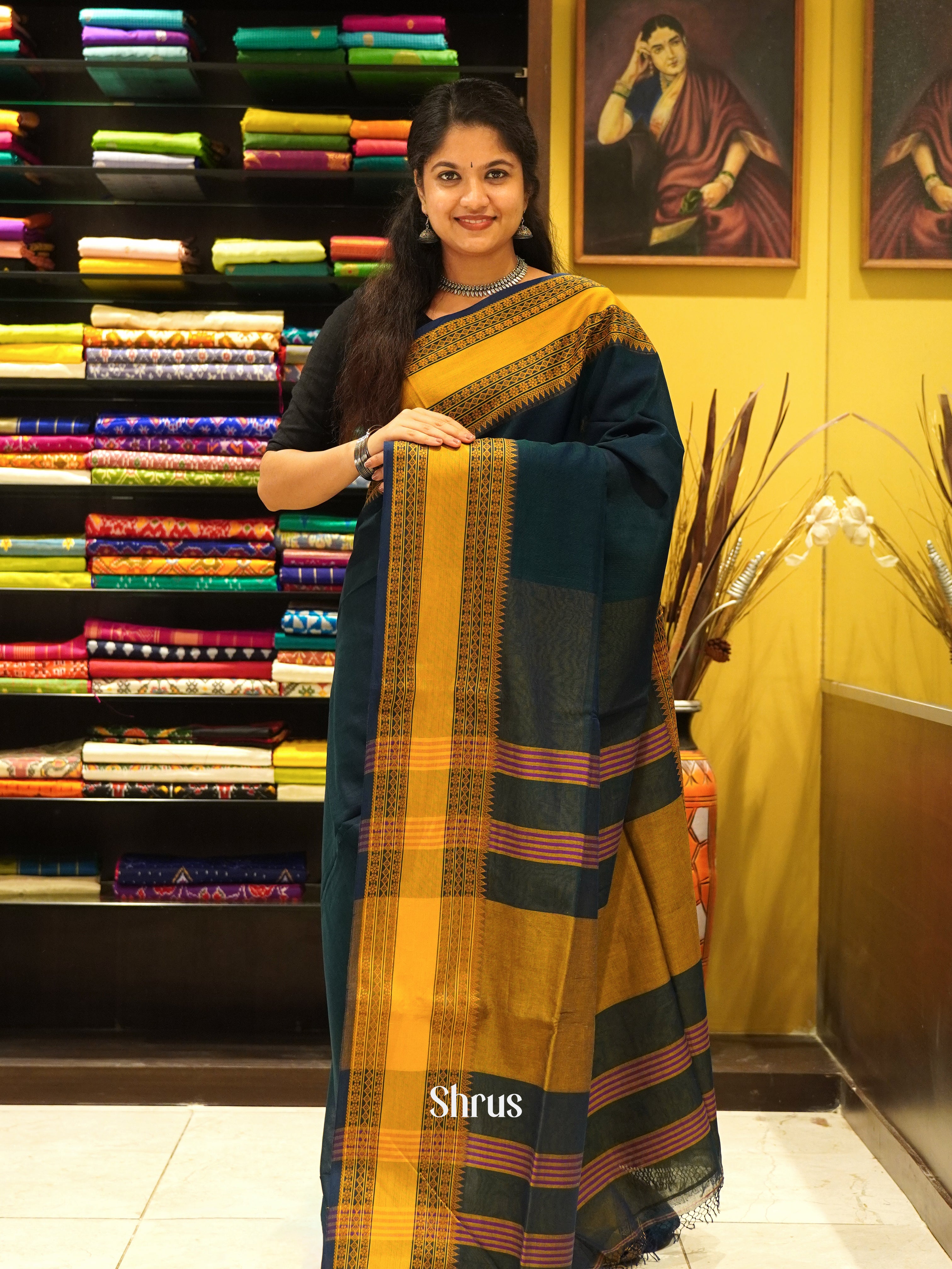 Peacock Green & Mustard - Bengal cotton Saree - Shop on ShrusEternity.com