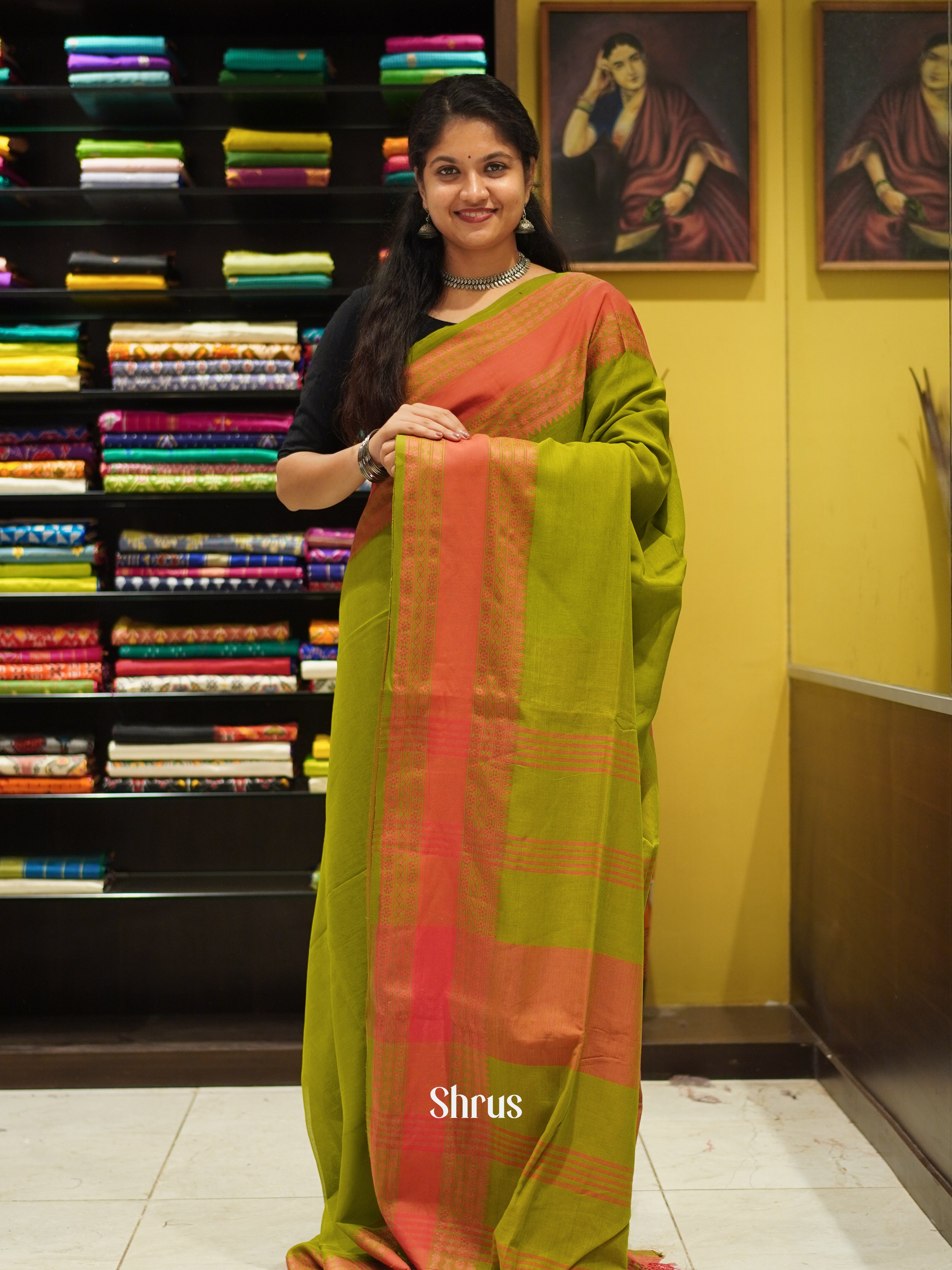Green & Orange - Bengal cotton Saree - Shop on ShrusEternity.com
