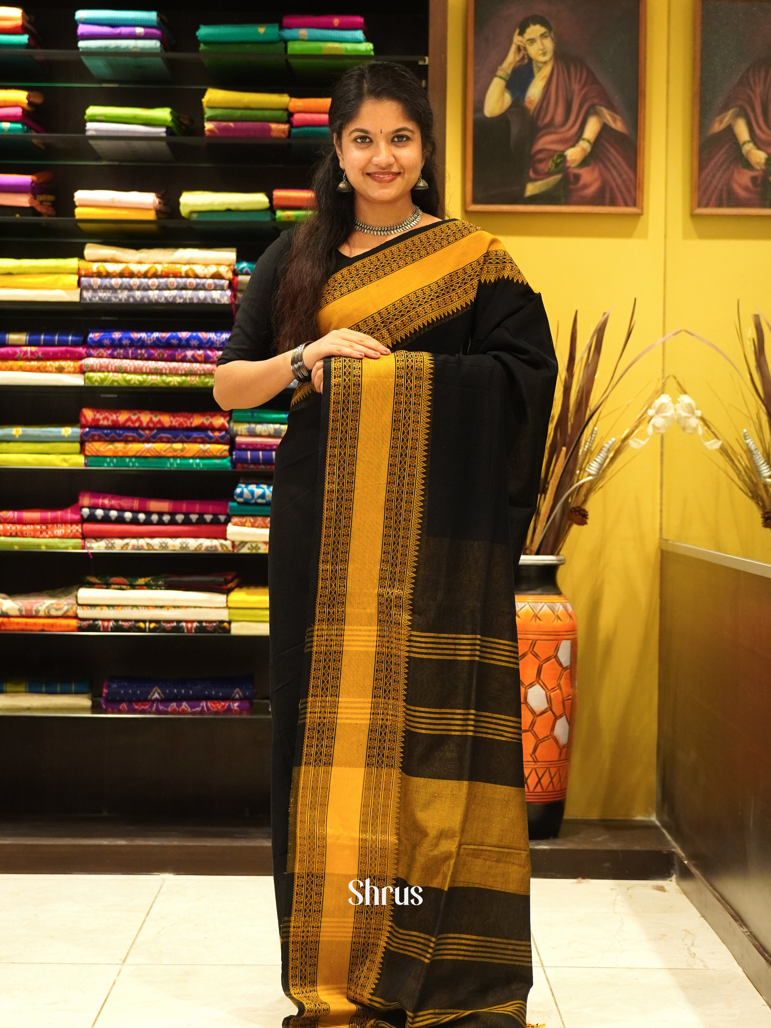 Black & Mustard - Bengal cotton Saree - Shop on ShrusEternity.com