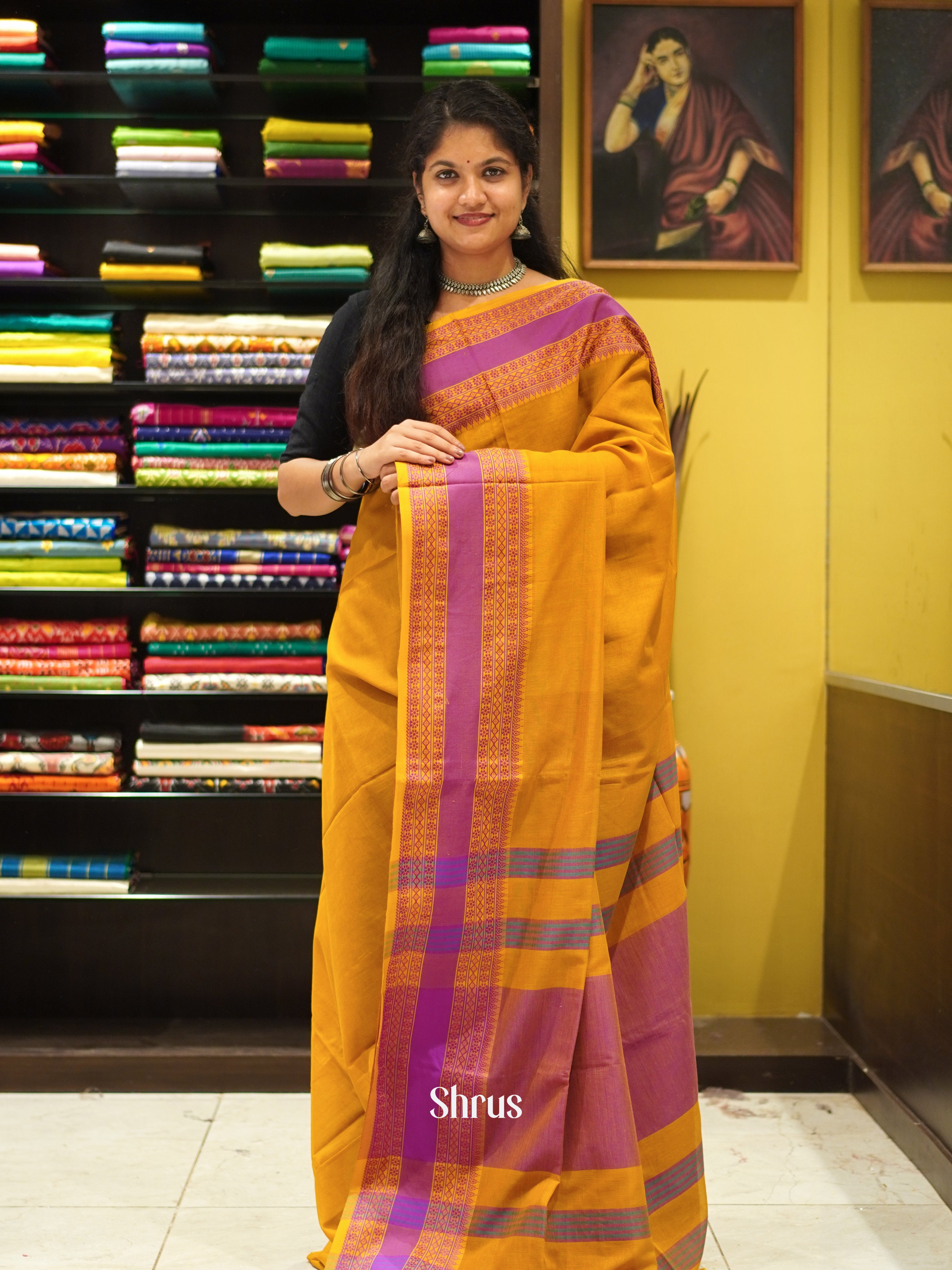 Mustard & Pink - Bengal cotton Saree - Shop on ShrusEternity.com
