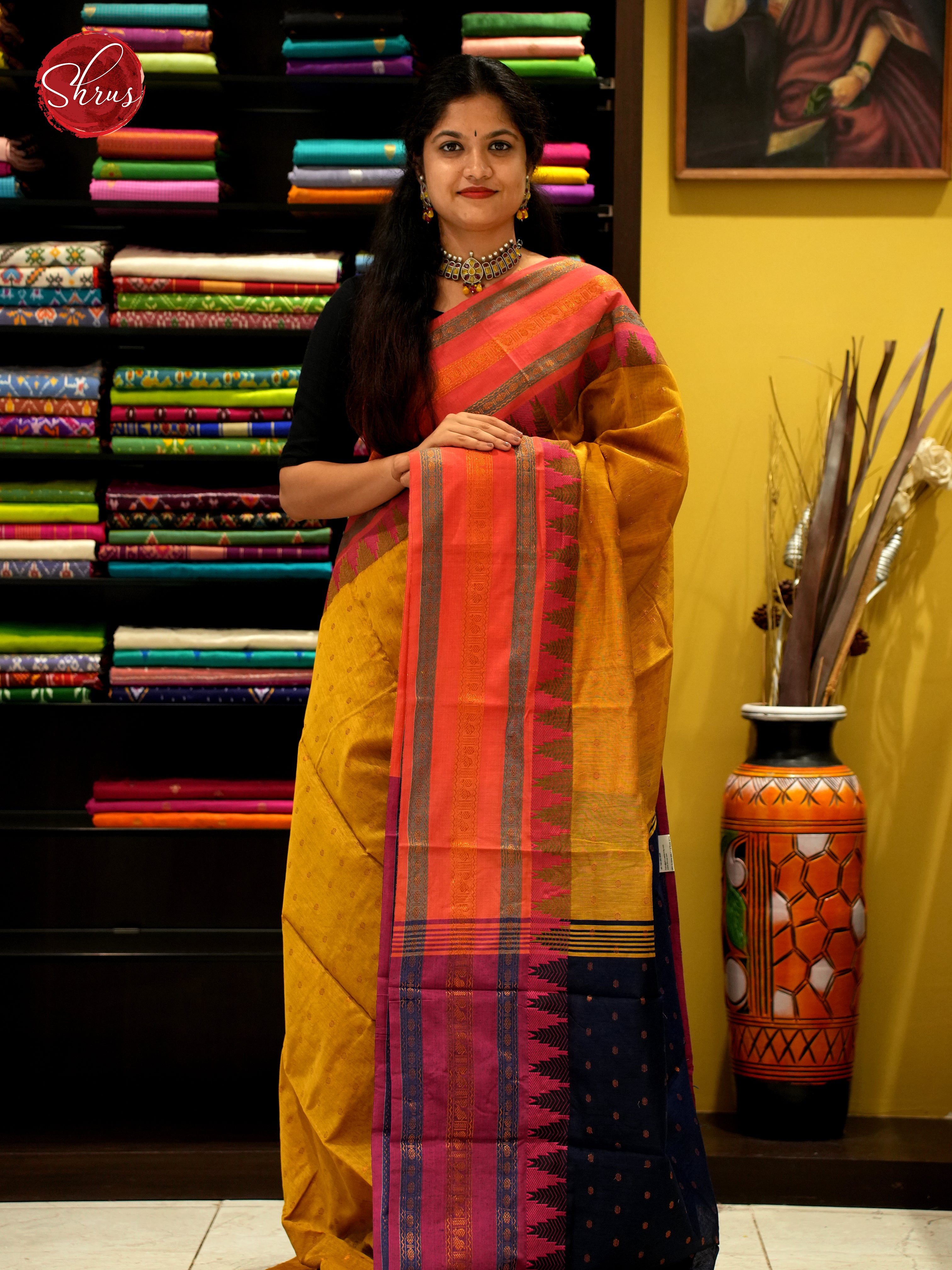 Mustard & Black- Mercerized Cotton Saree - Shop on ShrusEternity.com