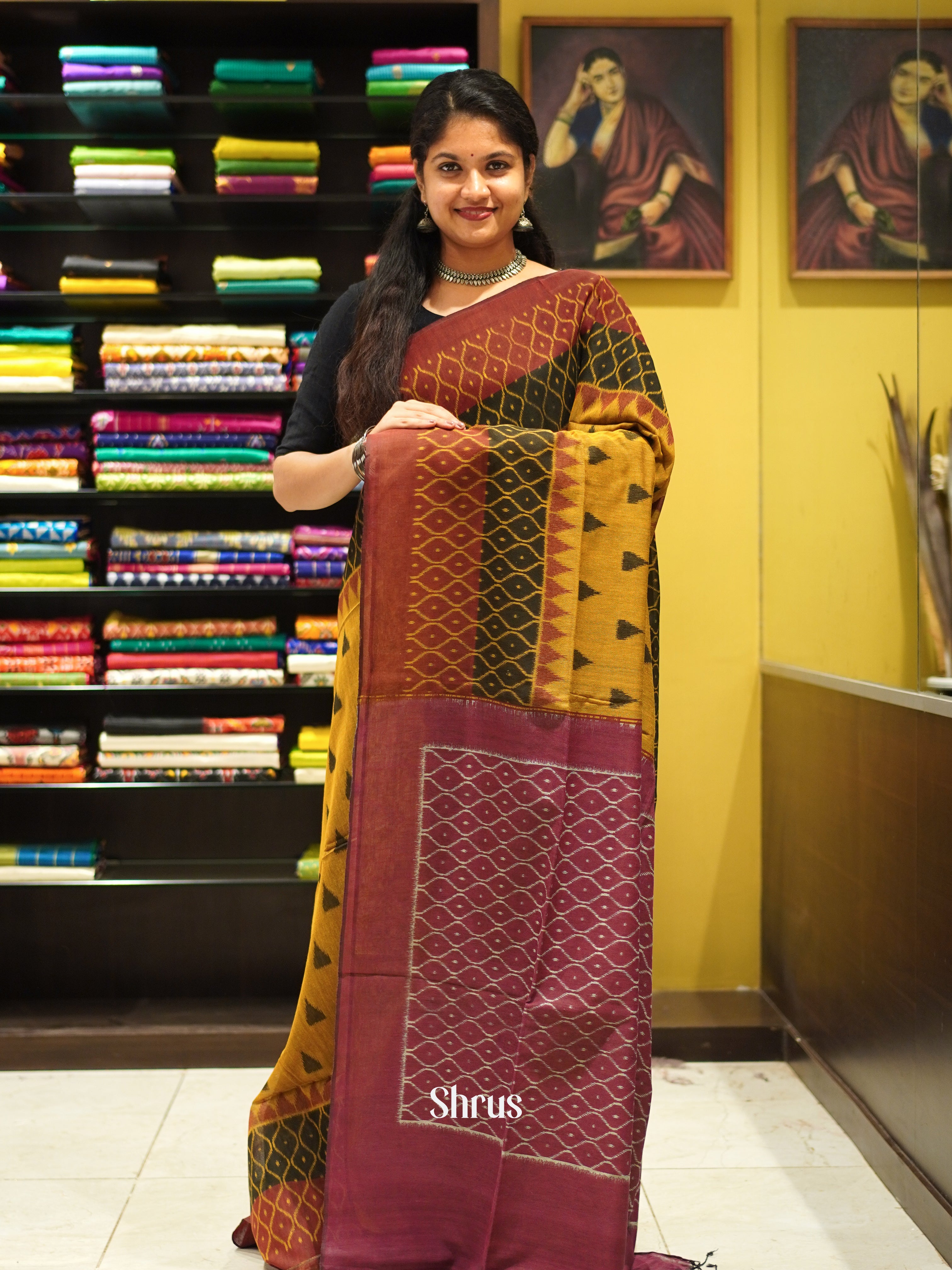 Mustard & Maroon - Bengal cotton Saree - Shop on ShrusEternity.com