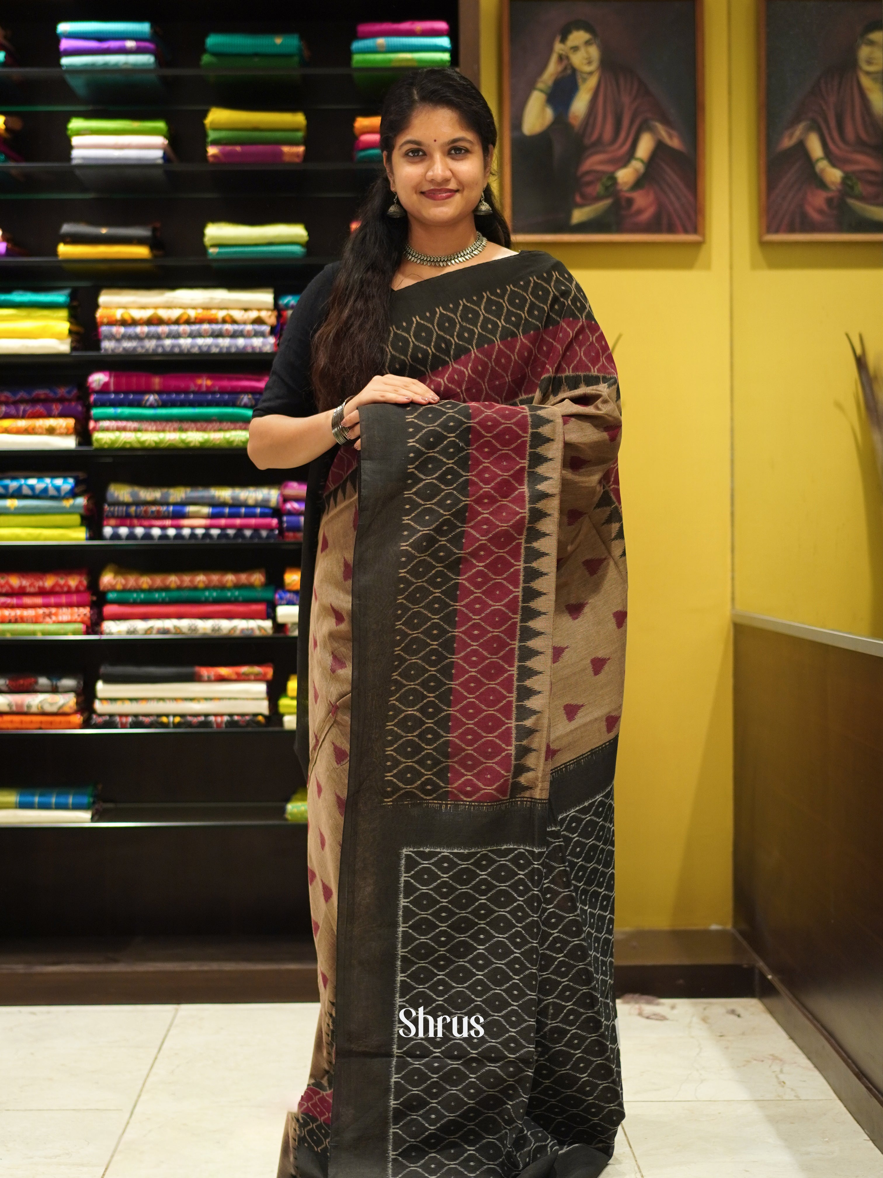 Light Brown & Black - Bengal cotton Saree - Shop on ShrusEternity.com