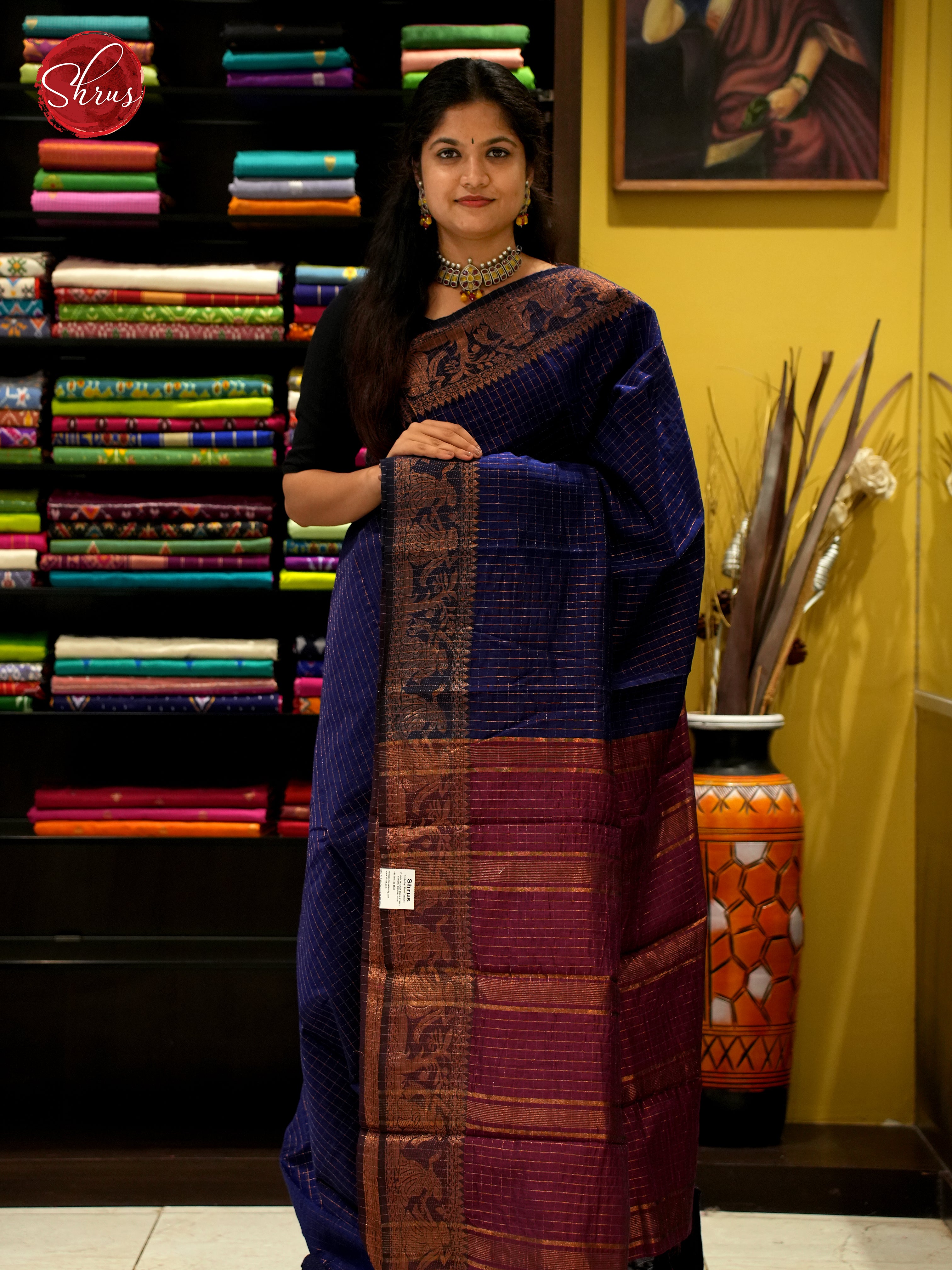 Blue & Maroon - Mercerized Cotton Saree - Shop on ShrusEternity.com