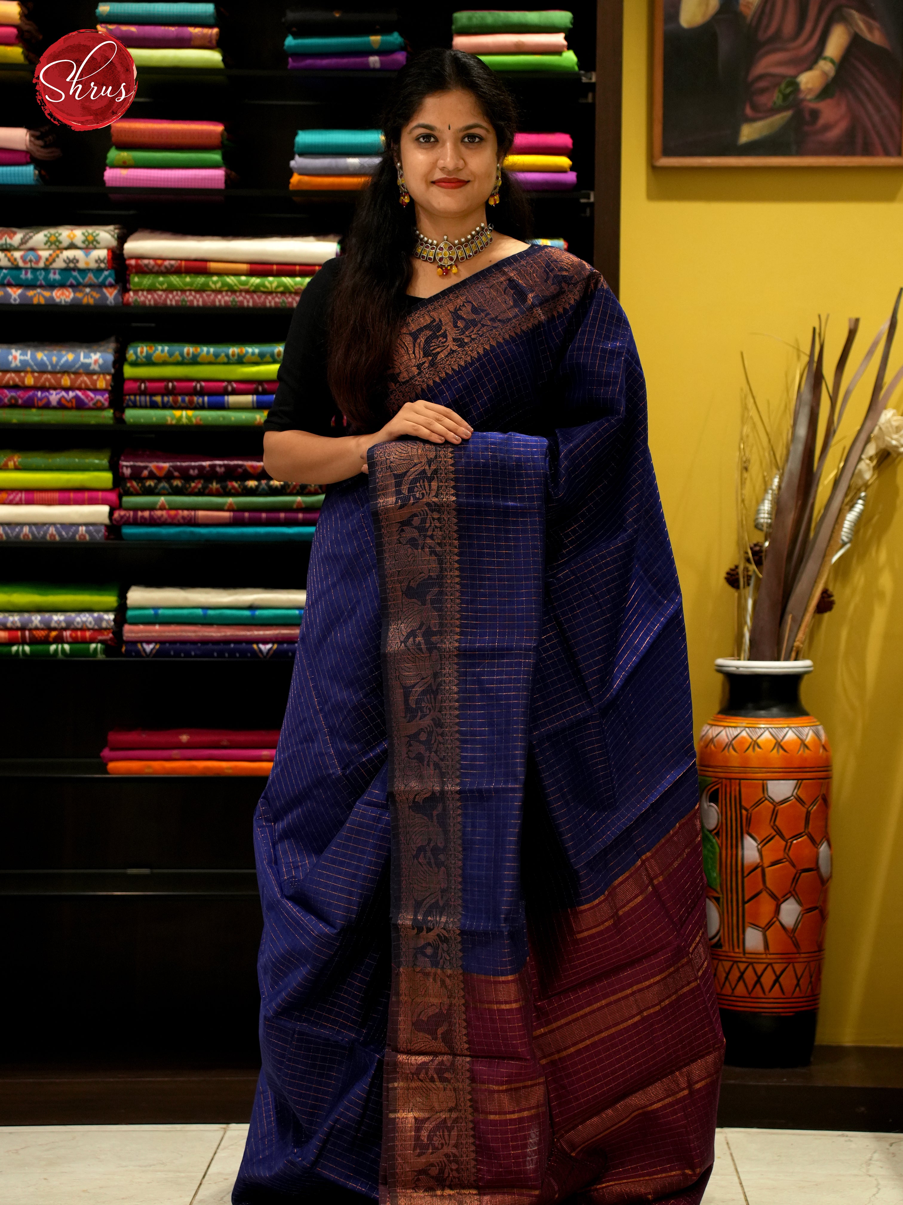 Blue & Maroon - Mercerized Cotton Saree - Shop on ShrusEternity.com