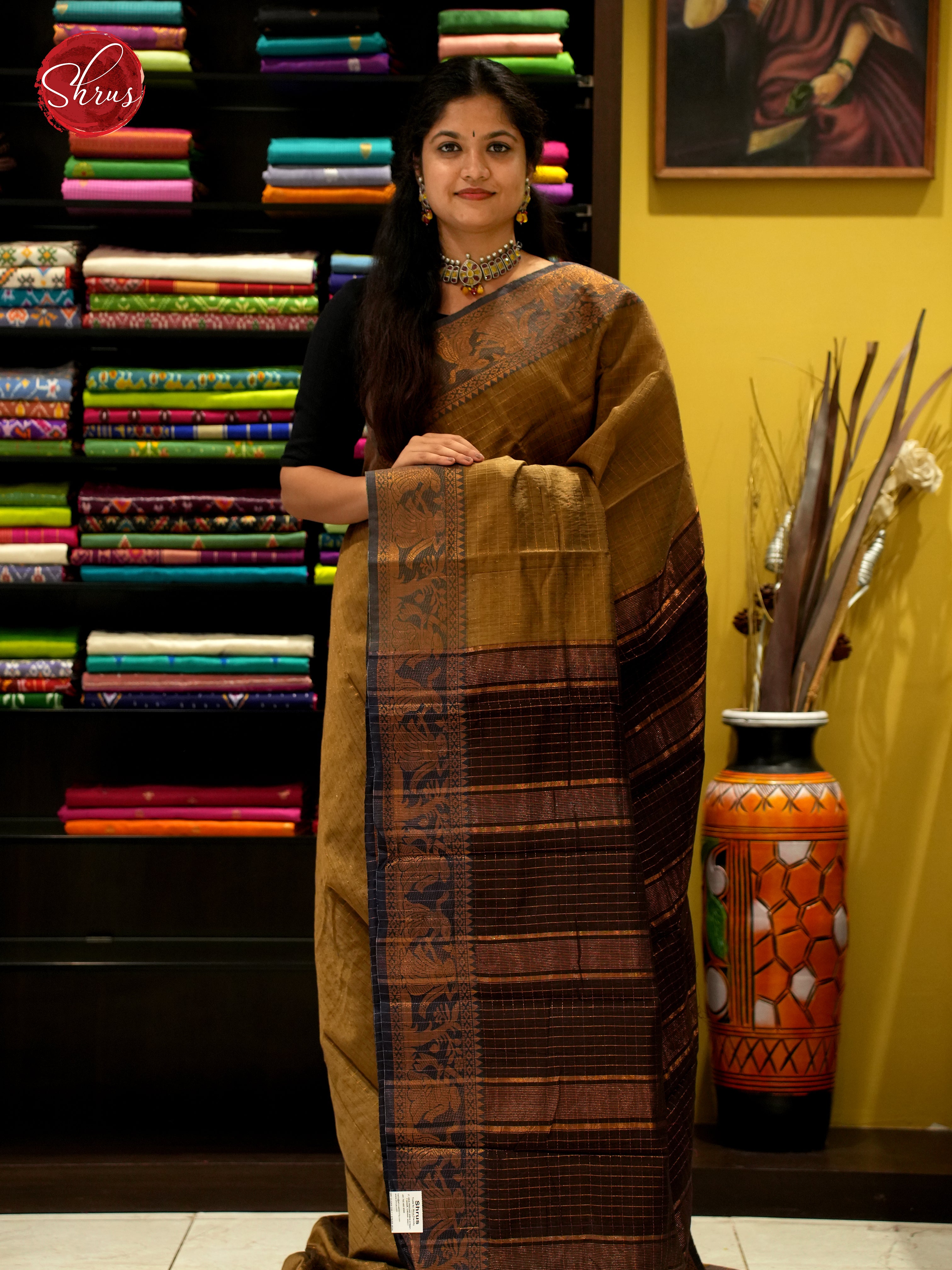 Mehandi Green & Brown - Mercerized Cotton Saree - Shop on ShrusEternity.com