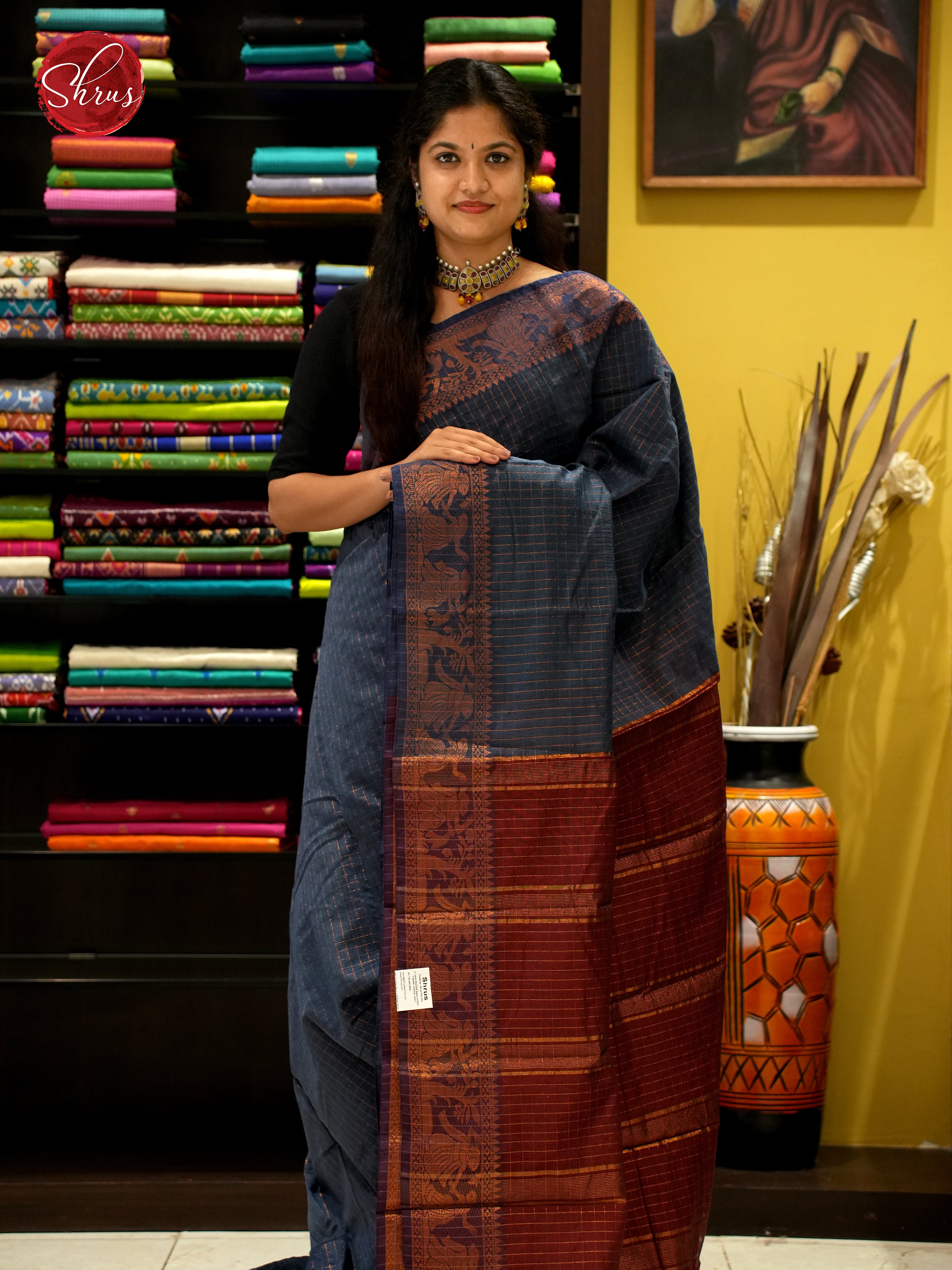 Grey & Maroon - Mercerized Cotton Saree - Shop on ShrusEternity.com