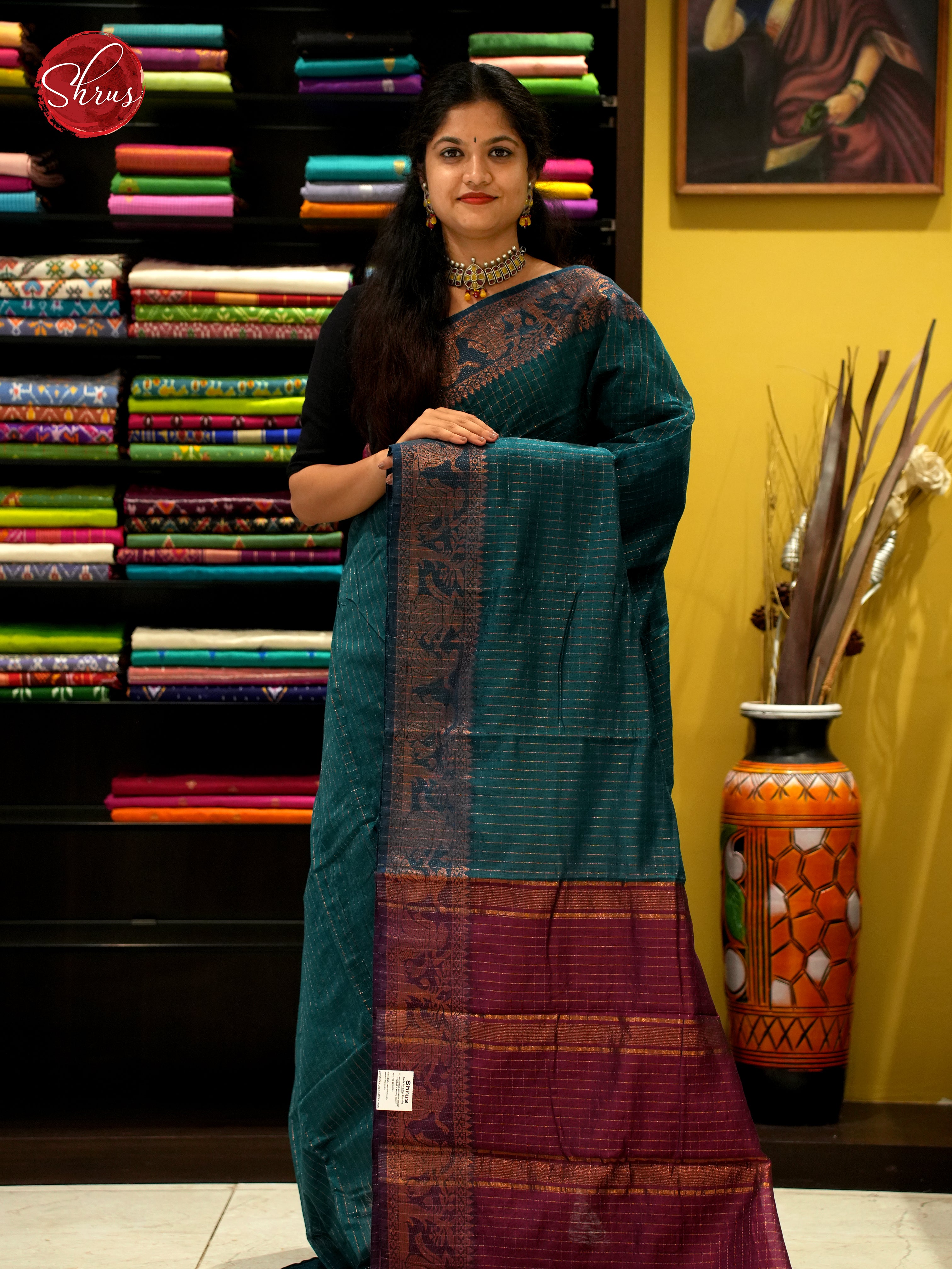 Blue & Maroon - Mercerized Cotton Saree - Shop on ShrusEternity.com