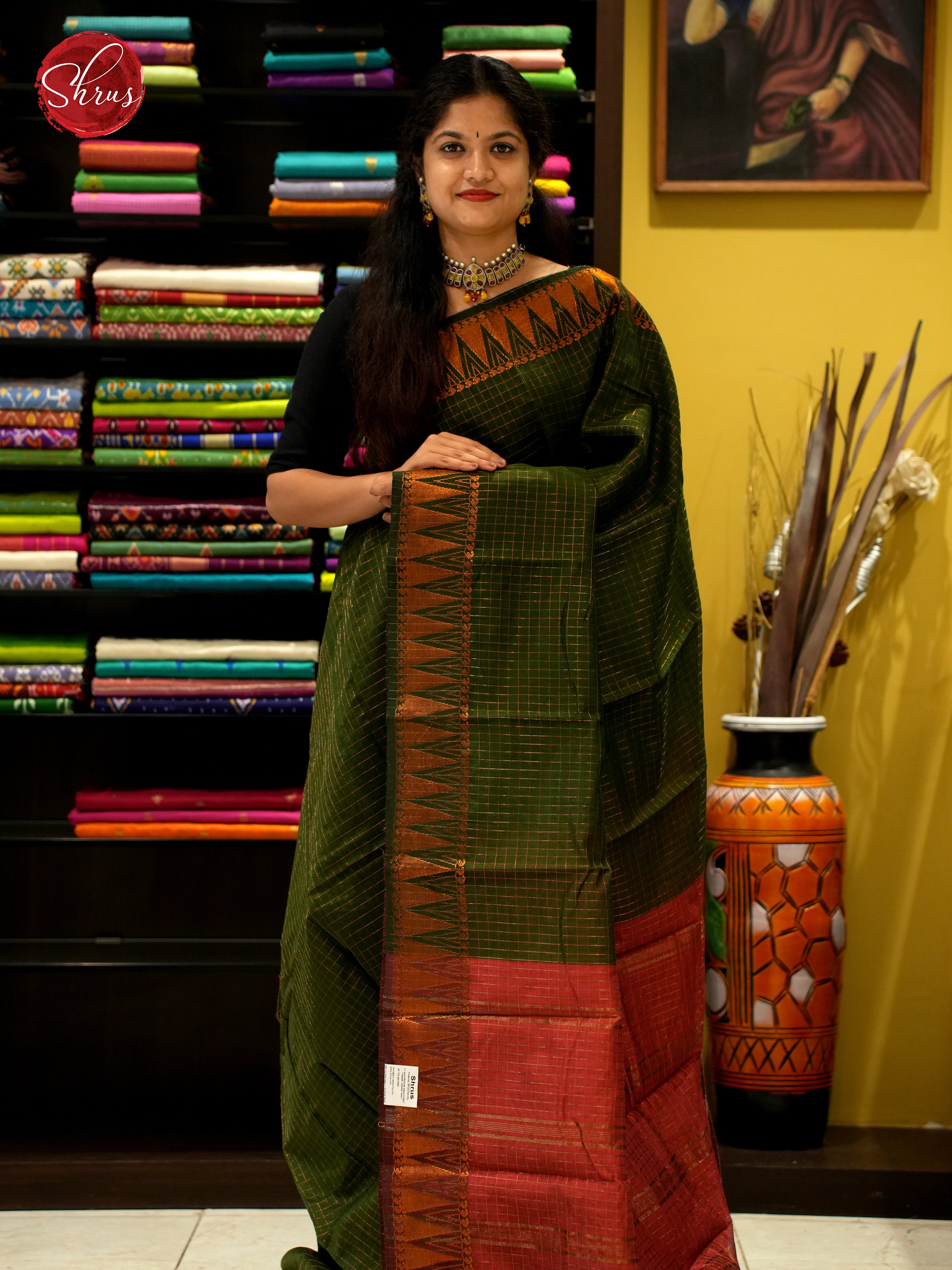 Green & Red - Mercerized Cotton Saree - Shop on ShrusEternity.com