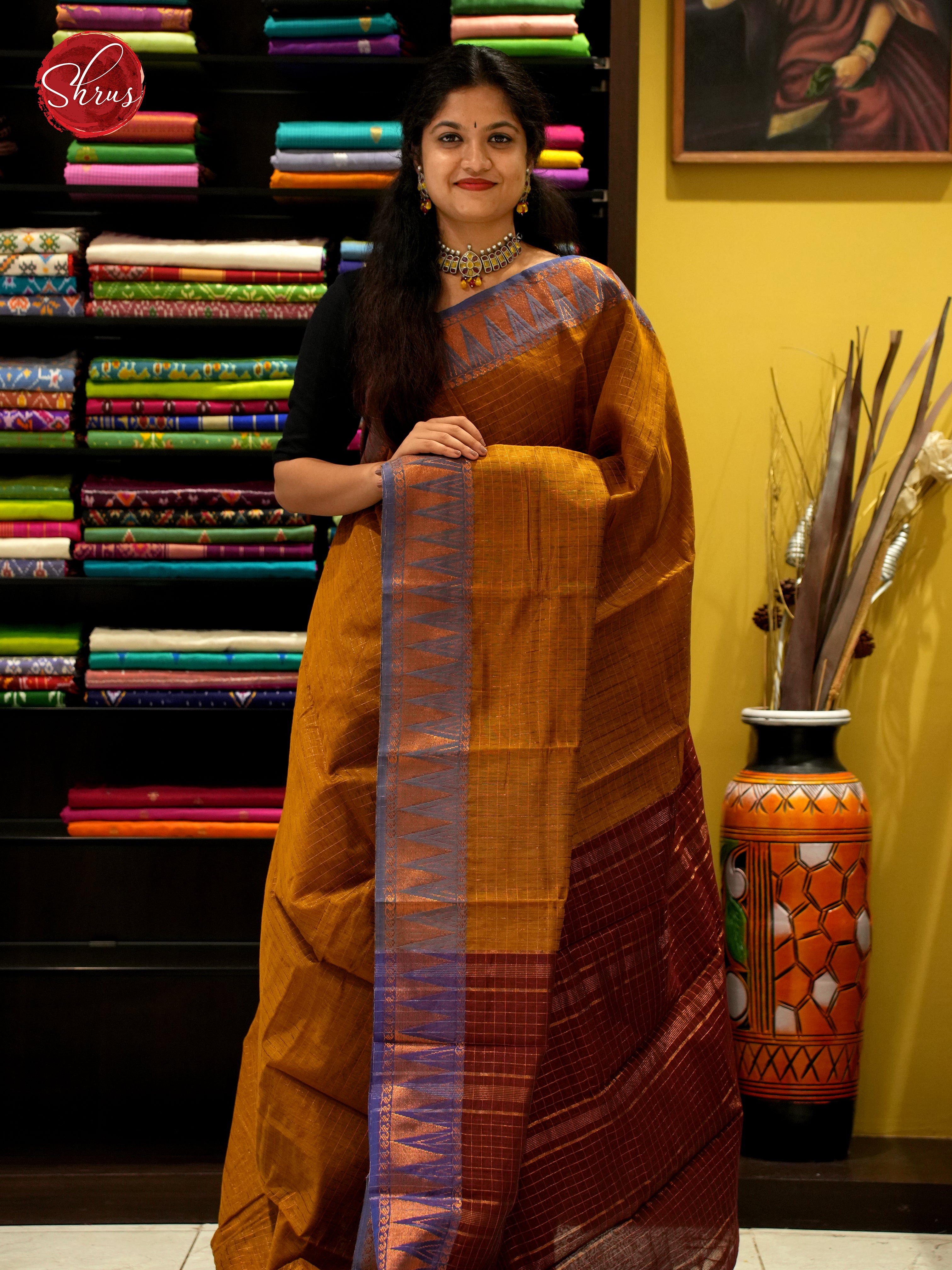 Mustard & Maroon - Mercerized Cotton Saree - Shop on ShrusEternity.com