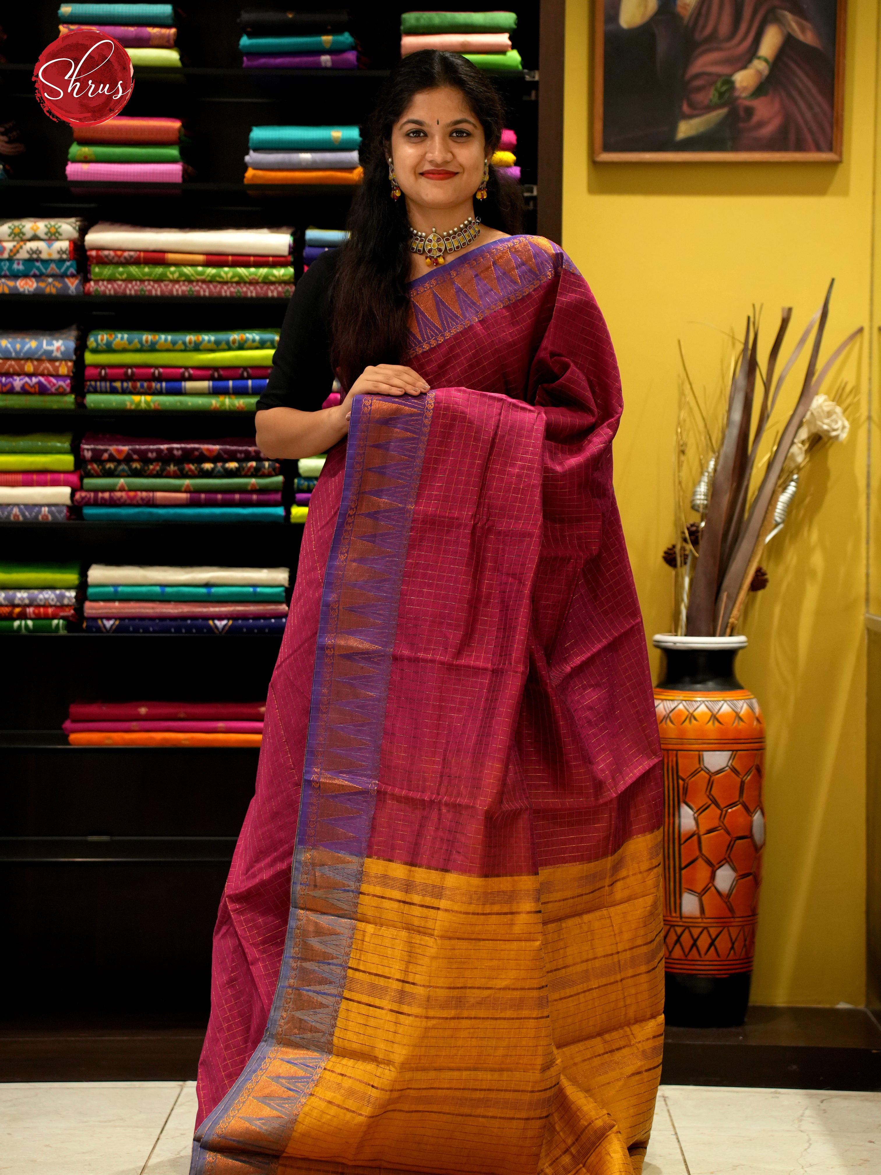 Maroon & Mustard - Mercerized Cotton Saree - Shop on ShrusEternity.com