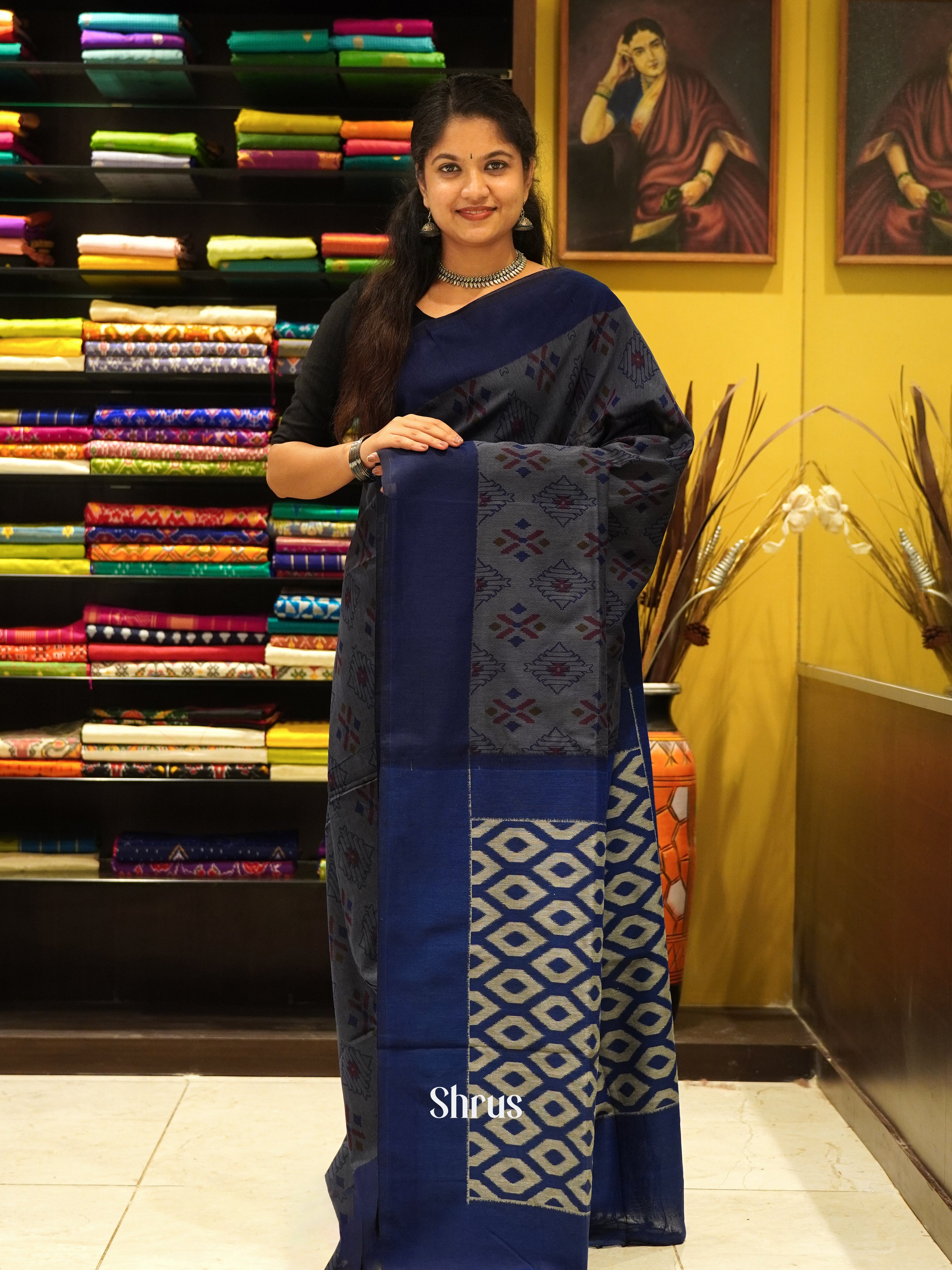 Grey & Blue - Bengal cotton Saree - Shop on ShrusEternity.com