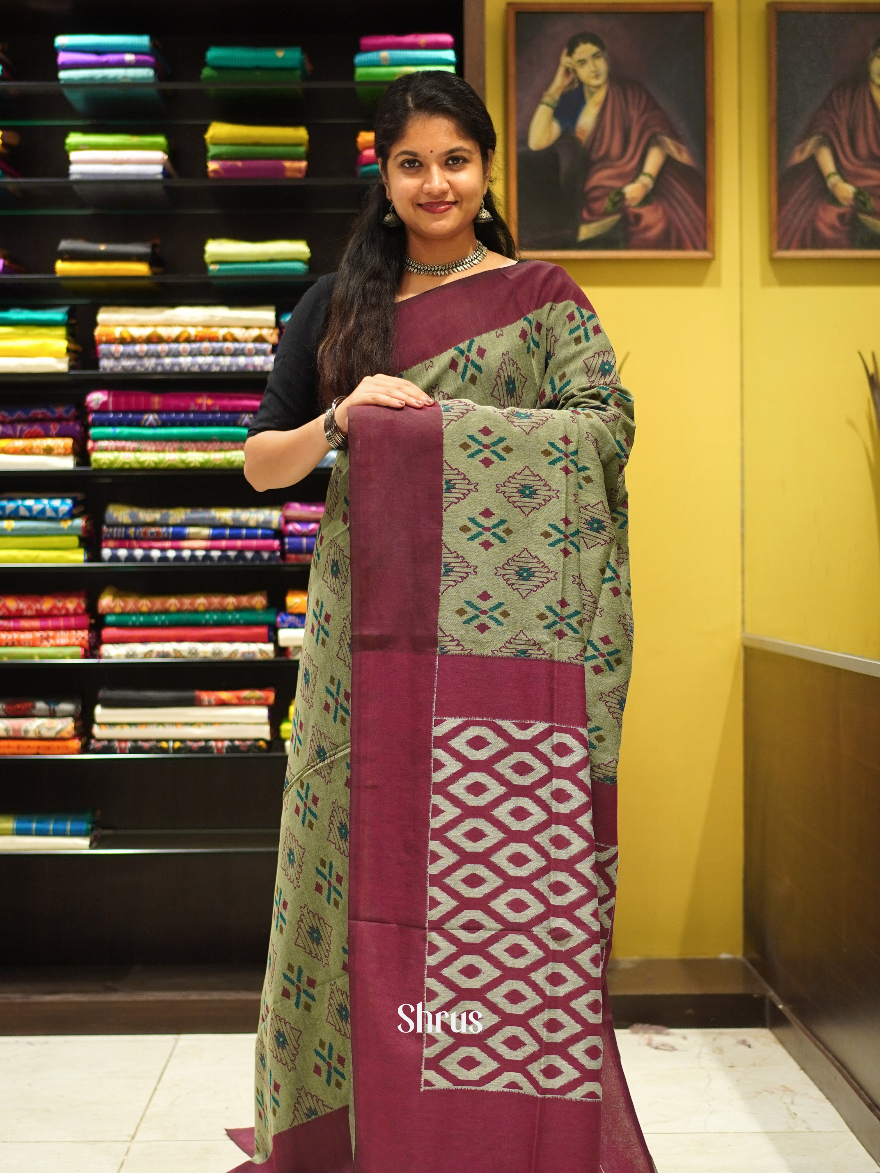 Greenish Grey & Maroon- Bengal cotton Saree - Shop on ShrusEternity.com